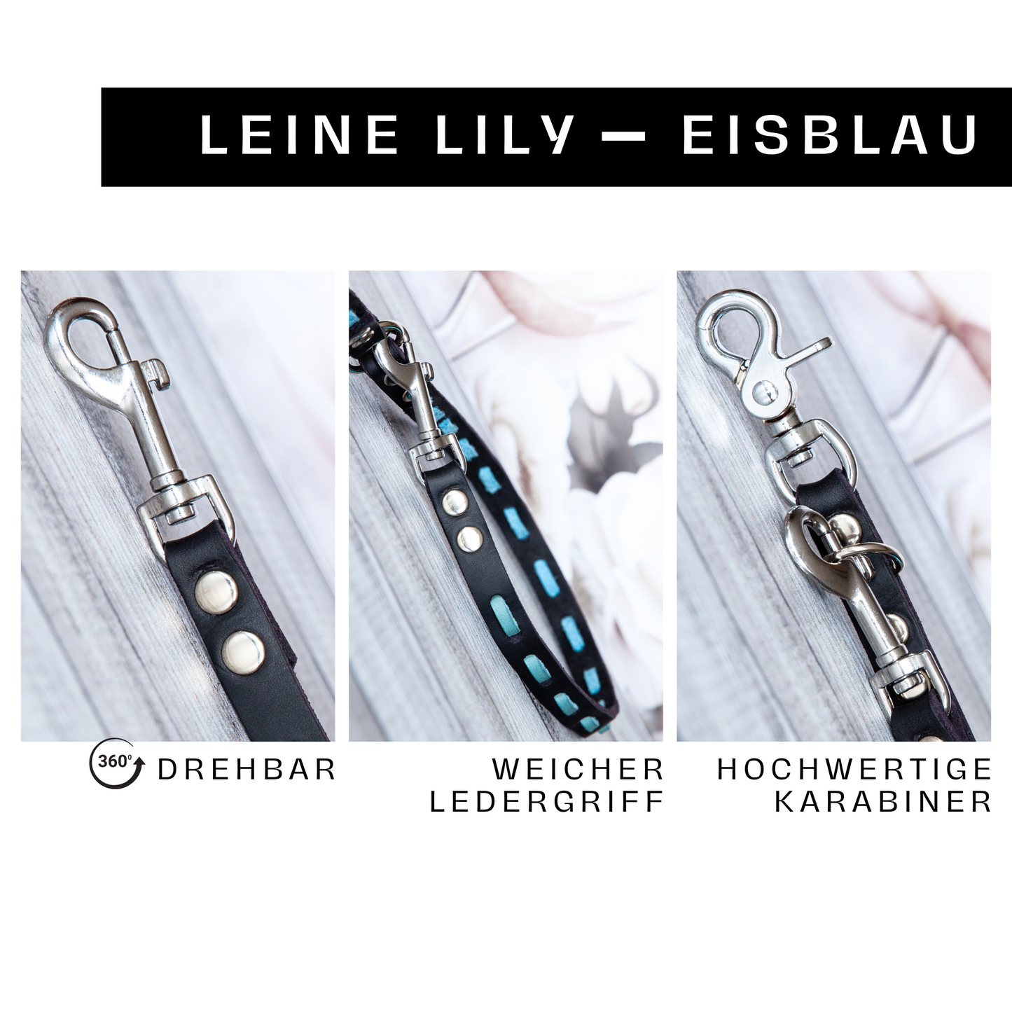 Detailaufnahme der Hundeleine Lily in Eisblau-Schwarz mit drehbarem silbernem Karabiner und schwarzem Ledergriff in Handarbeit gefertigt.