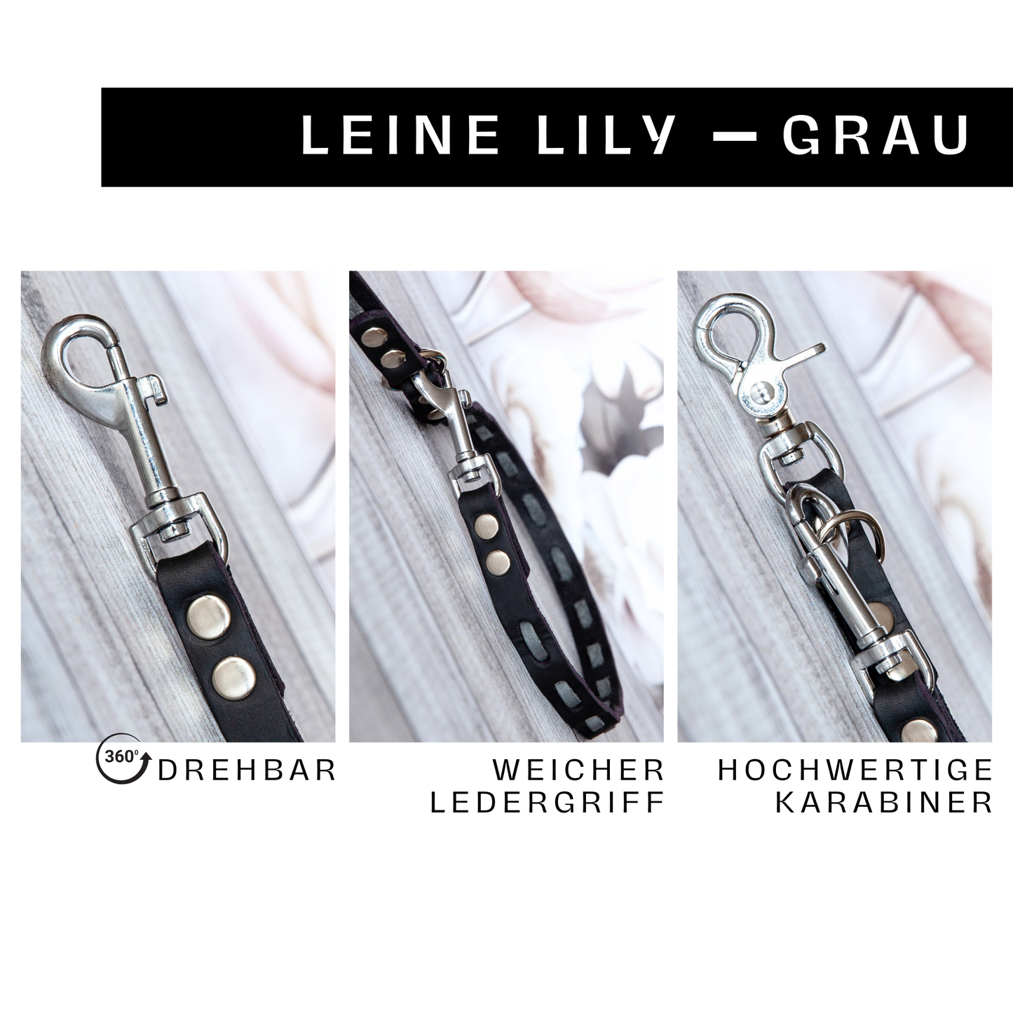 Detailaufnahme der handgefertigten Hundeleine Lily in Grau-Schwarz mit weichem Ledergriff und silberfarbenem drehbarem Karabiner.