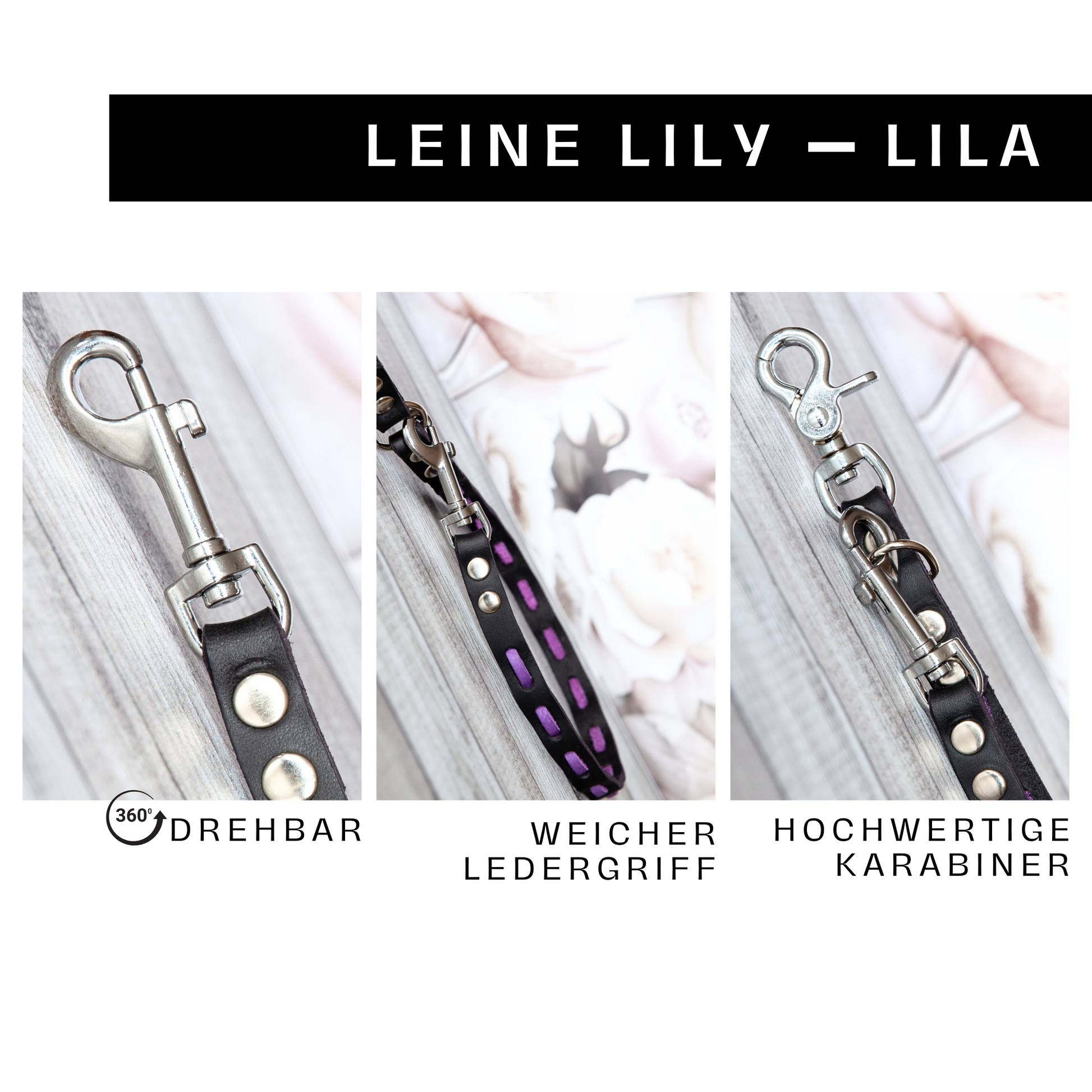 Detailaufnahme der handgefertigten Hundeleine Lily in Lila-Schwarz mit weichem Ledergriff und drehbarem silberfarbenem Karabiner.
