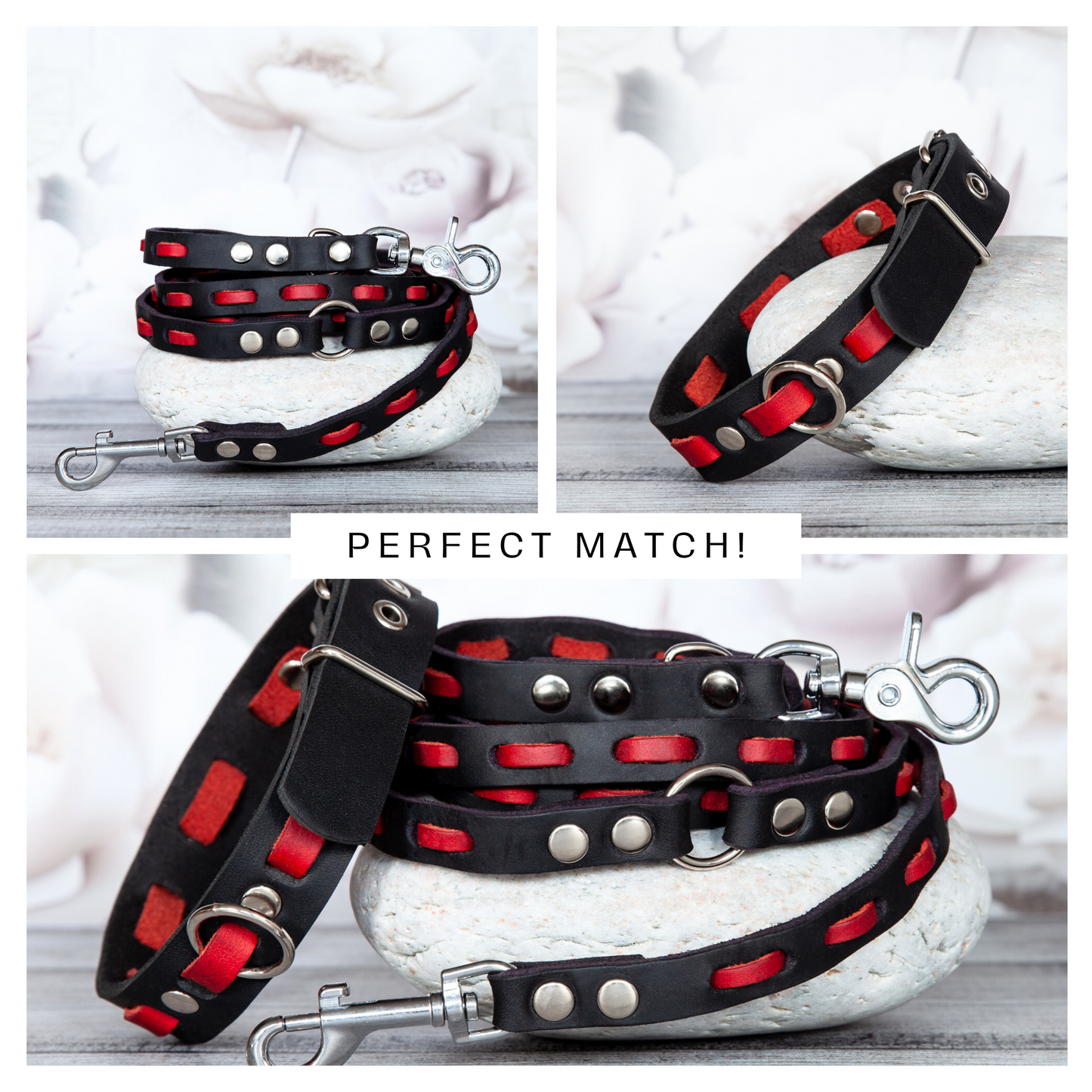 Hundeleine Lily kombiniert mit dem passenden Halsband in Rot-Schwarz – ein harmonisch abgestimmtes Set aus Leder.