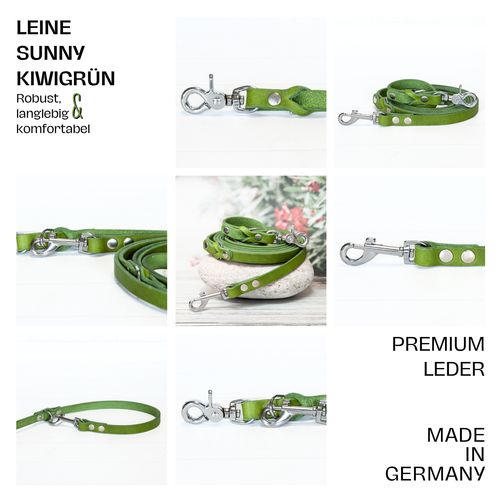 Collage aus sechs Detailaufnahmen der Sunny Hundeleine in Kiwigrün – Premiumleder, 220 cm Länge, Made in Germany