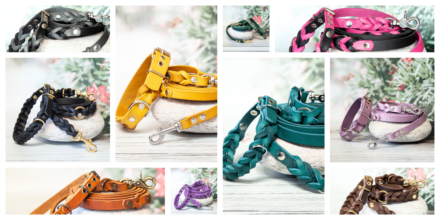 Hochwertige Sets aus Hundeleine und Halsband in Leder – handgefertigt in Deutschland, in Farben wie Schwarz, Cognac, Petrol, Pink, Currygelb, Lila und Lavendel – ideal für stilbewusste Hundehalter.