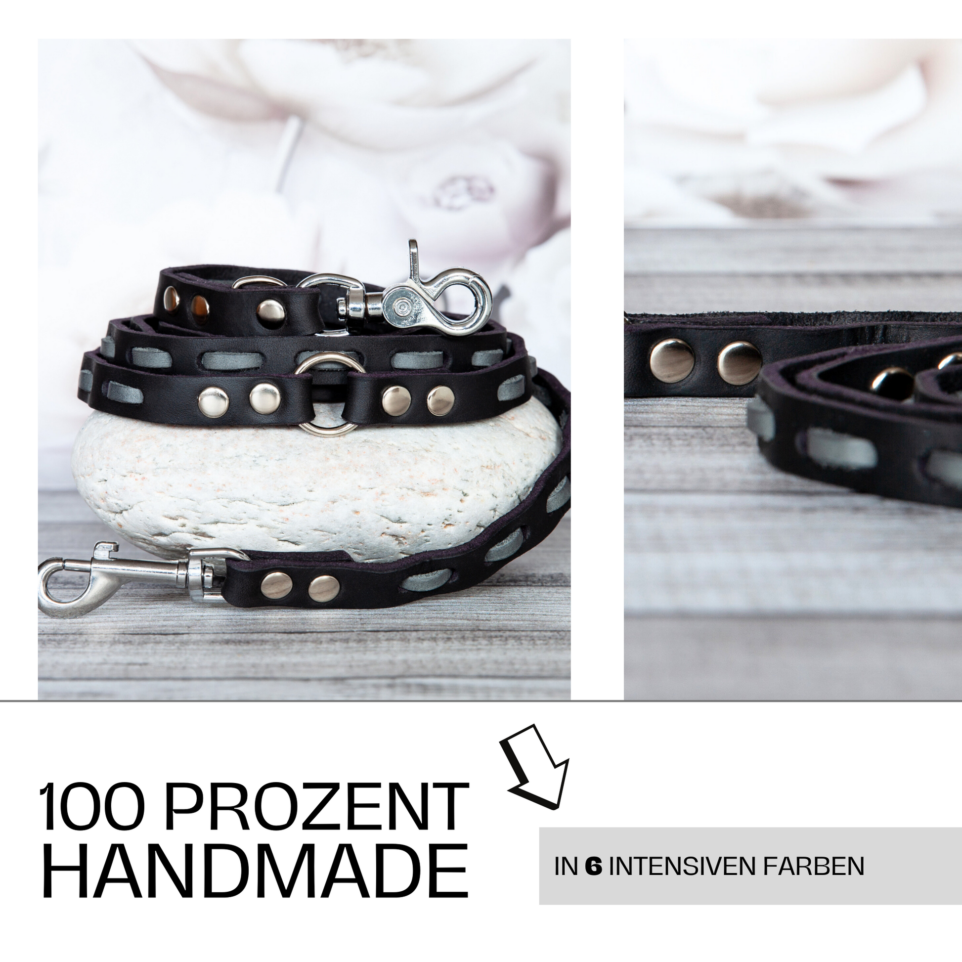 Set LILY in Grau-Schwarz – handgemachte Hundeleine mit passendem Halsband aus Leder – in 6 Farbvarianten verfügbar