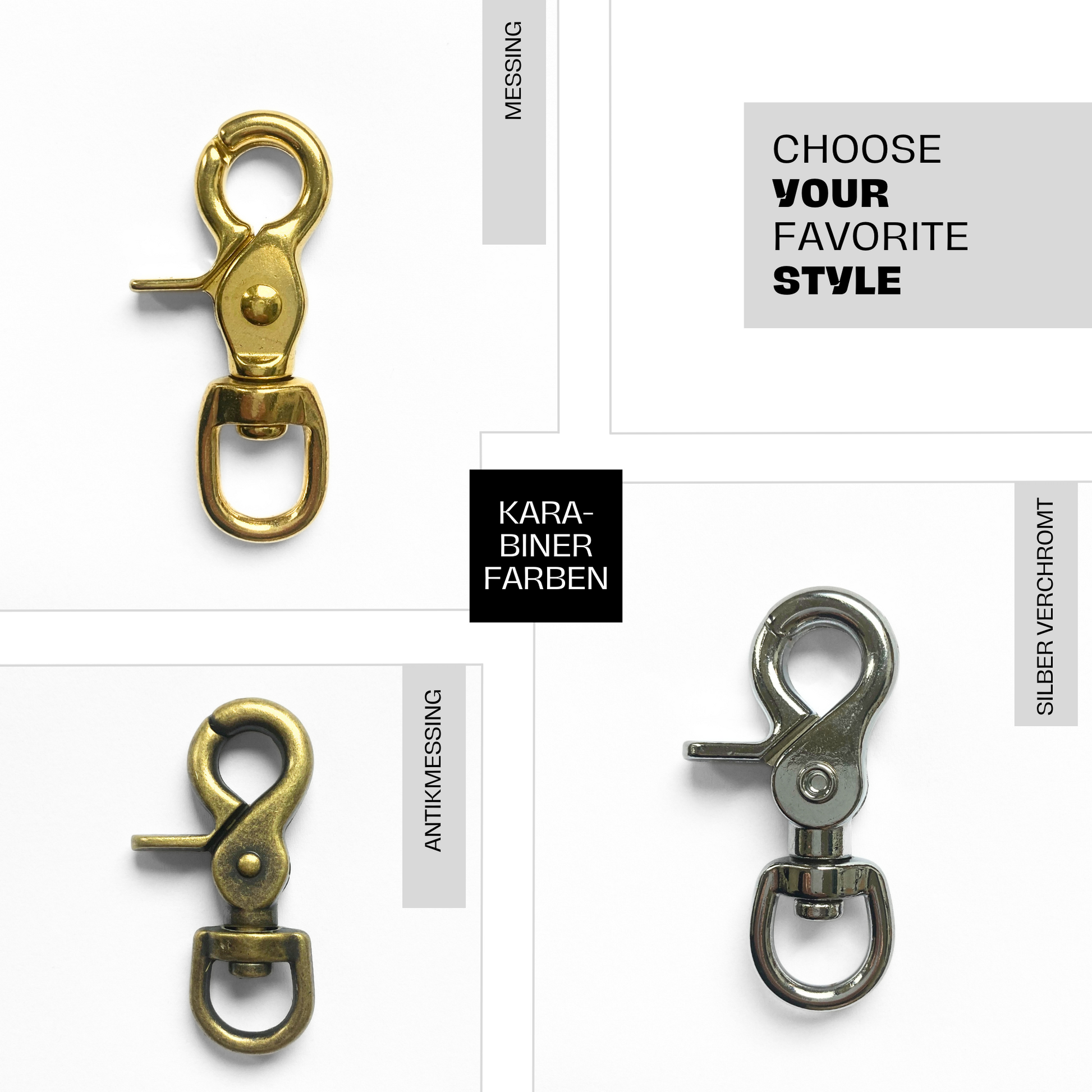 Wähle deinen Lieblings-Karabiner: Hundeleinen-Verschlüsse in Messing, Antikmessing oder silber – stilvolle Designs mit robuster Funktion