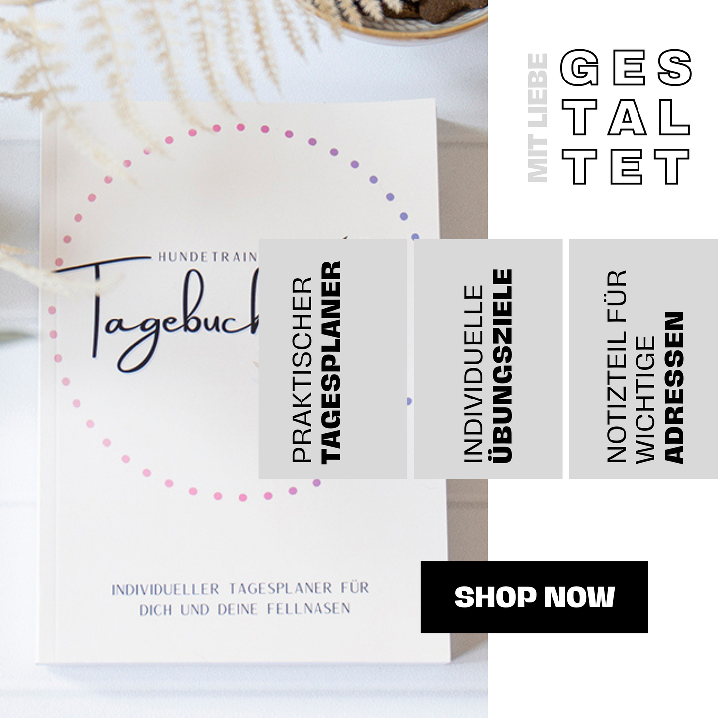 Detailaufnahme des Tagebuchs mit Fragen zum Hundeleben, hochwertiger Verarbeitung und edlem Design