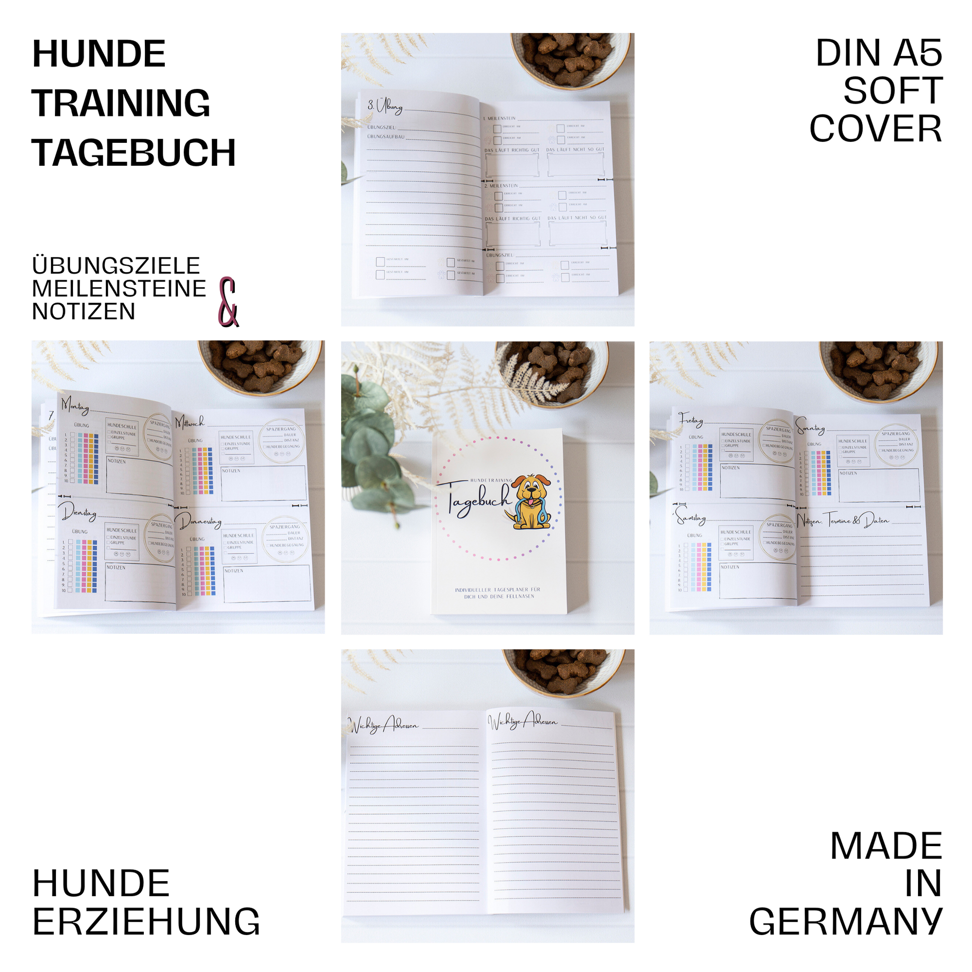 Einblick in das Hundetagebuch mit Fragen, Erinnerungsseiten und liebevoller Gestaltung