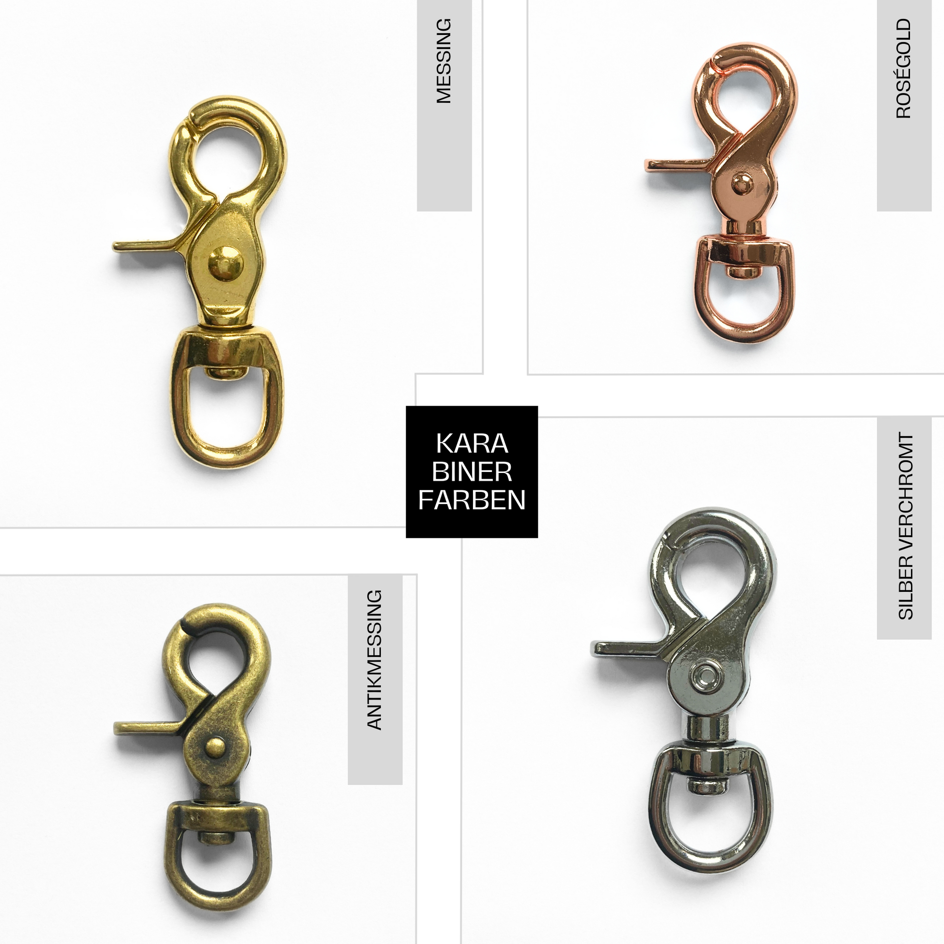 Übersicht der vier verfügbaren Karabinerfarben der ELLA-Kollektion – perfekt kombinierbar mit allen Farben.