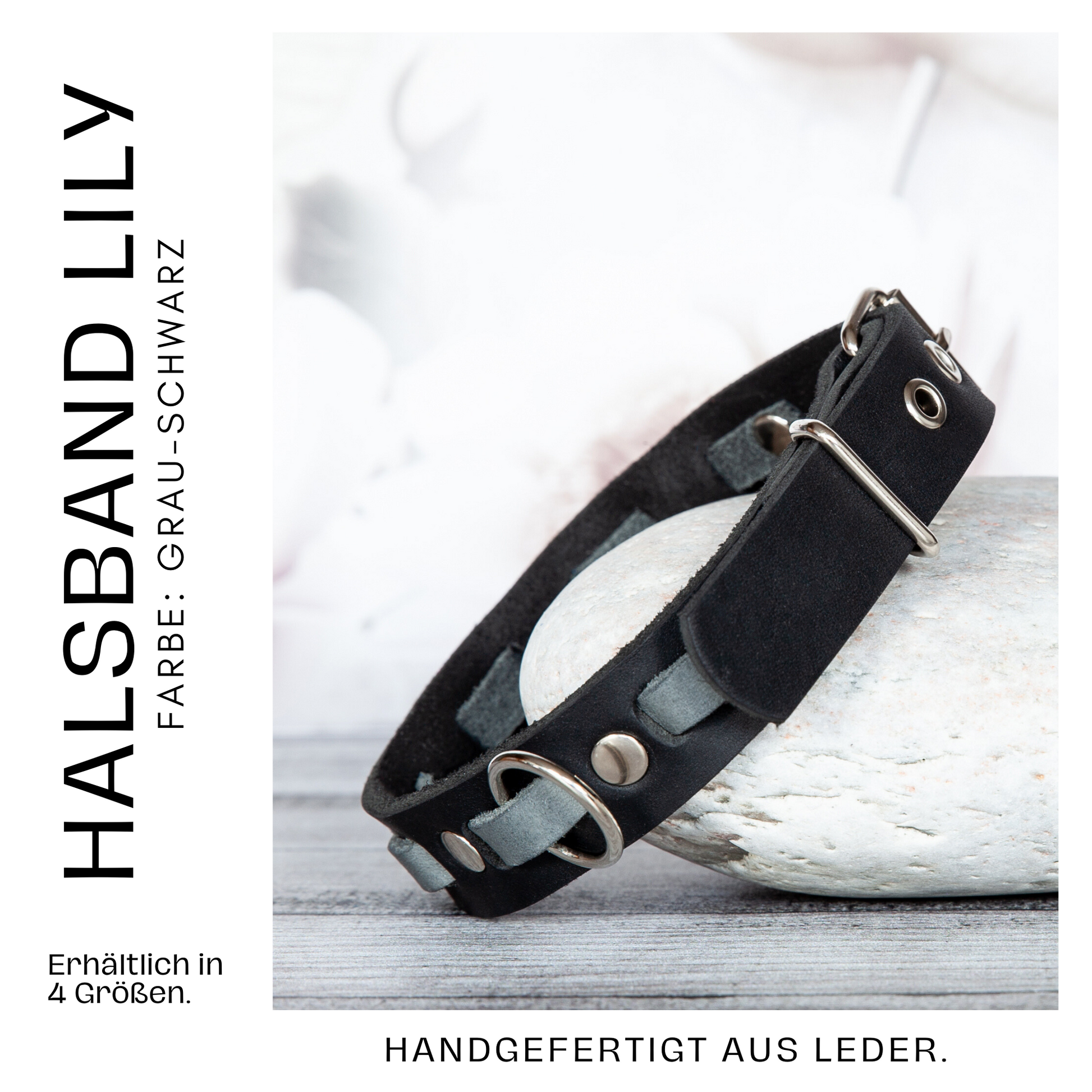 Handgefertigtes Halsband LILY in Grau-Schwarz – verstellbar, aus Leder und in vier Größen erhältlich – perfekt kombinierbar mit der passenden Leine