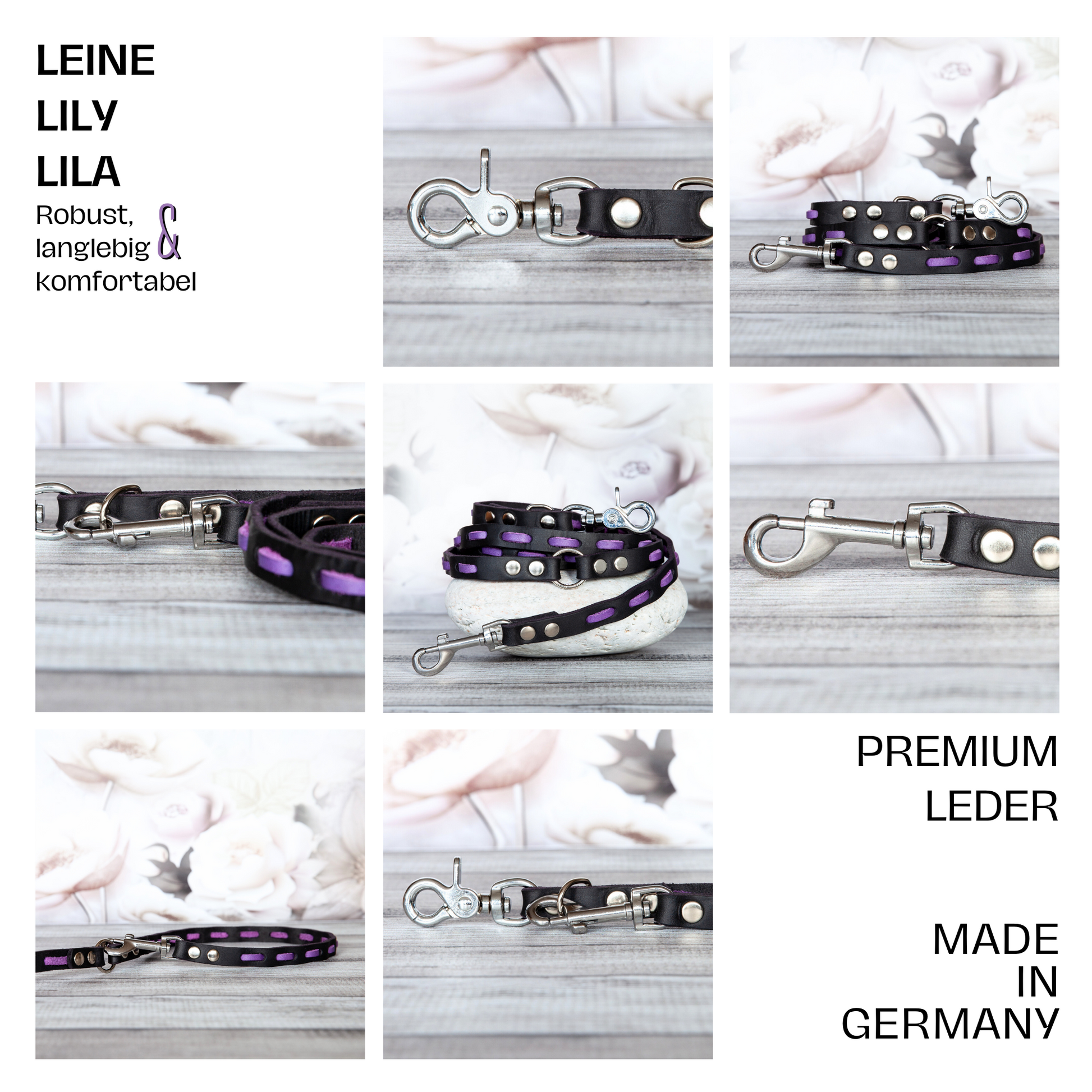 Handgefertigte Hundeleine LILY in Lila-Schwarz – aus Premium-Leder, robust, langlebig und komfortabel – Made in Germany