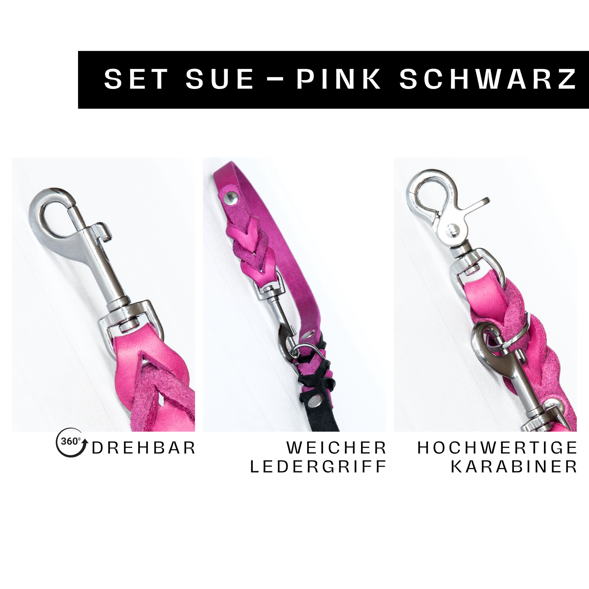 Detailaufnahme der Lederleine Sue in Pink-Schwarz: 360° drehbarer Karabiner, weicher Ledergriff und hochwertige Metallverarbeitung.