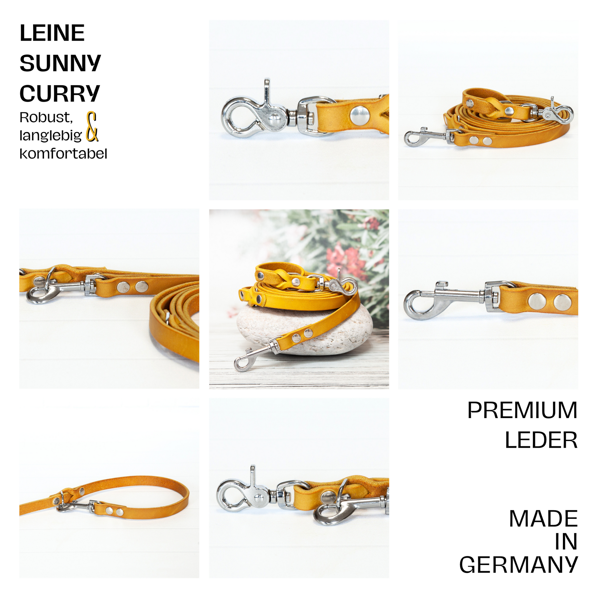 Übersicht der Hundeleine SUNNY in Currygelb – handgefertigt aus Echtleder, mit silbernem Karabiner, made in Germany