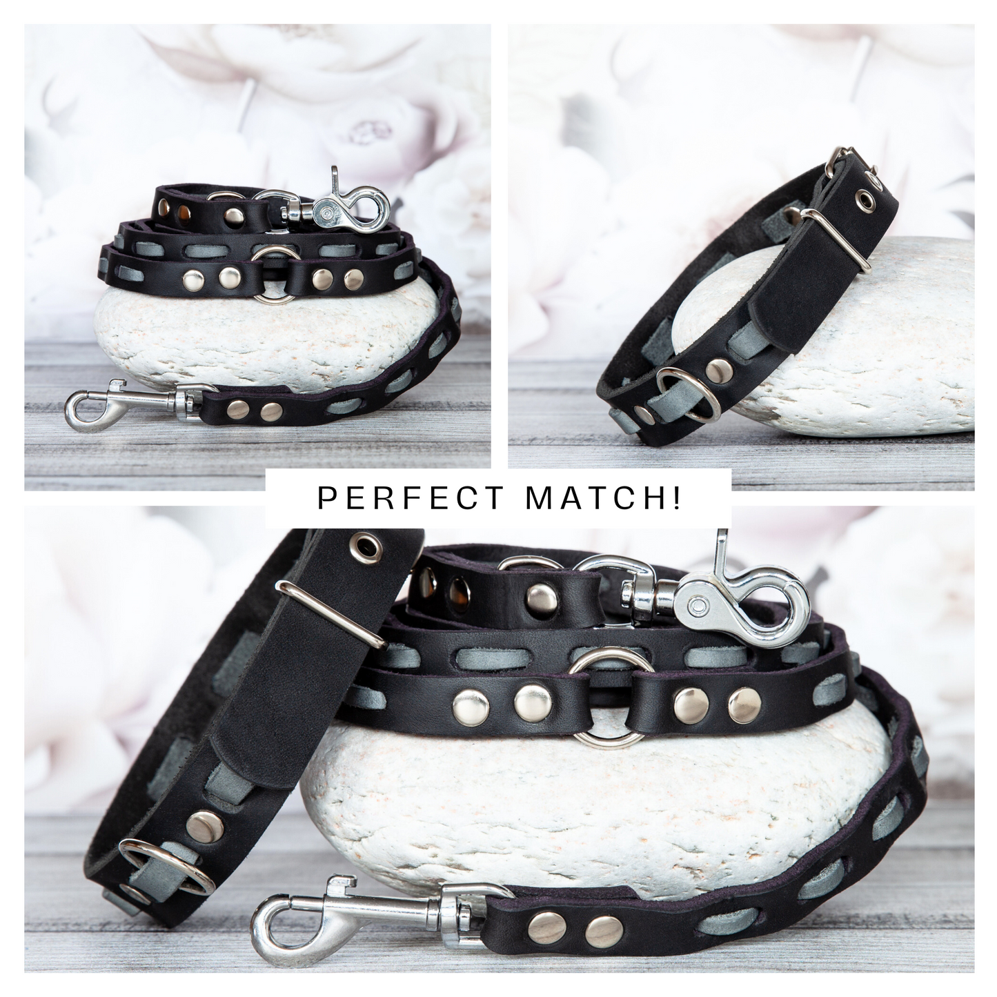 Hundeleine und Halsband als Set LILY in Grau-Schwarz – perfekter Look mit hochwertigem silberfarbenem Karabiner – handmade in Germany