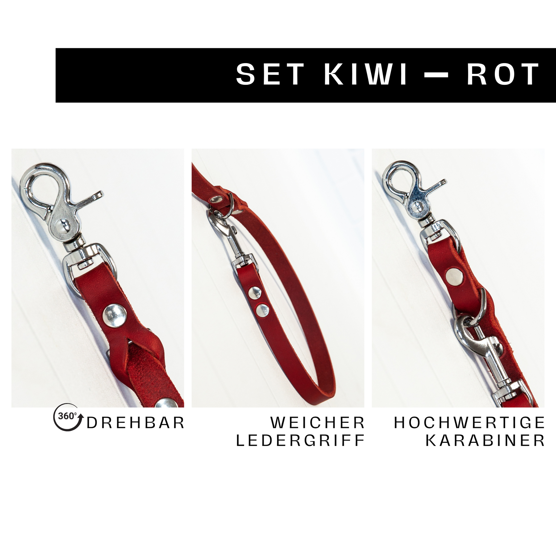 Detailaufnahme der roten Hundeleine KIWI mit silbernem Karabiner, weichem Ledergriff und drehbarem Haken