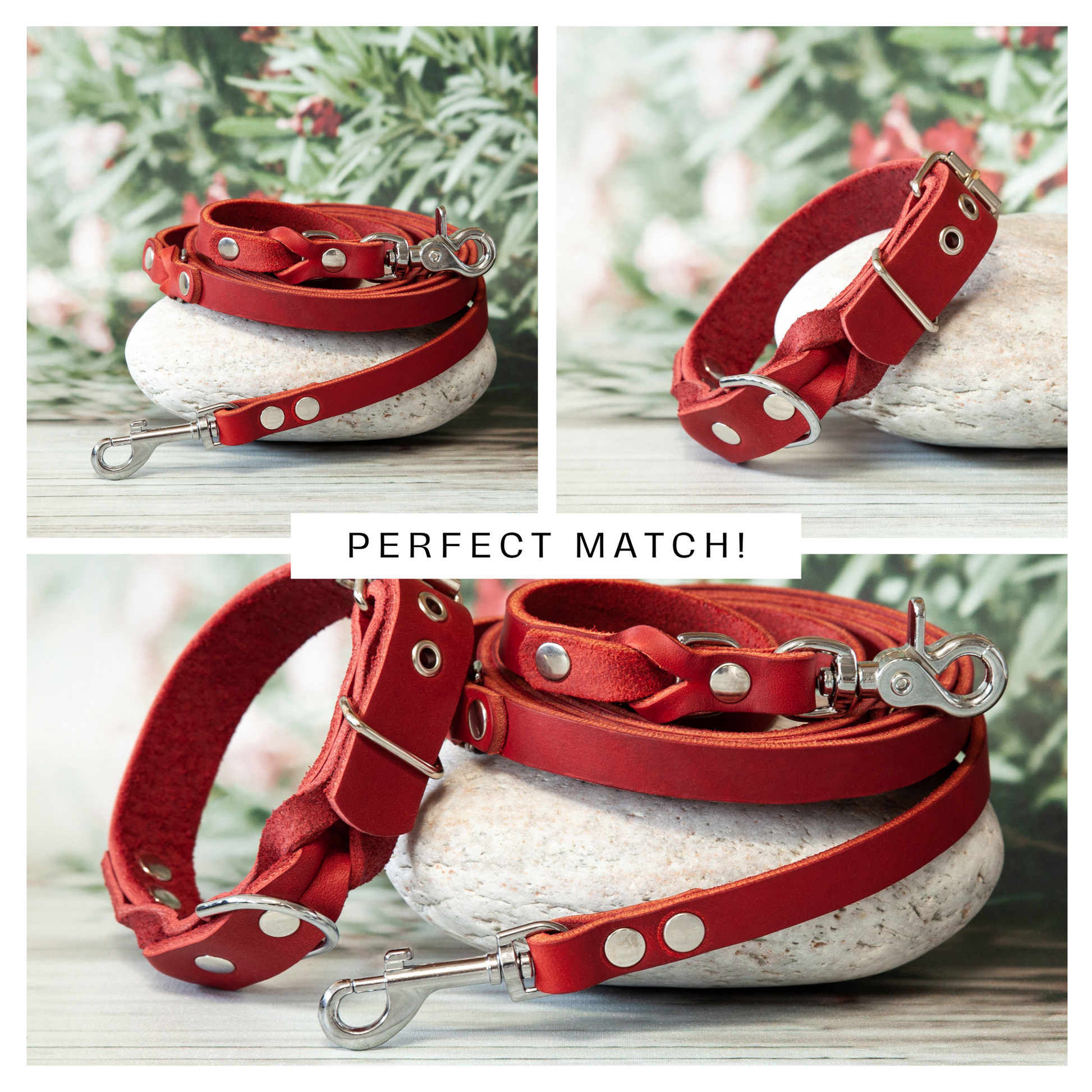 Perfektes Set KIWI Rot – Hundeleine und Halsband aus Leder mit silbernem Karabiner im stilvollen Design