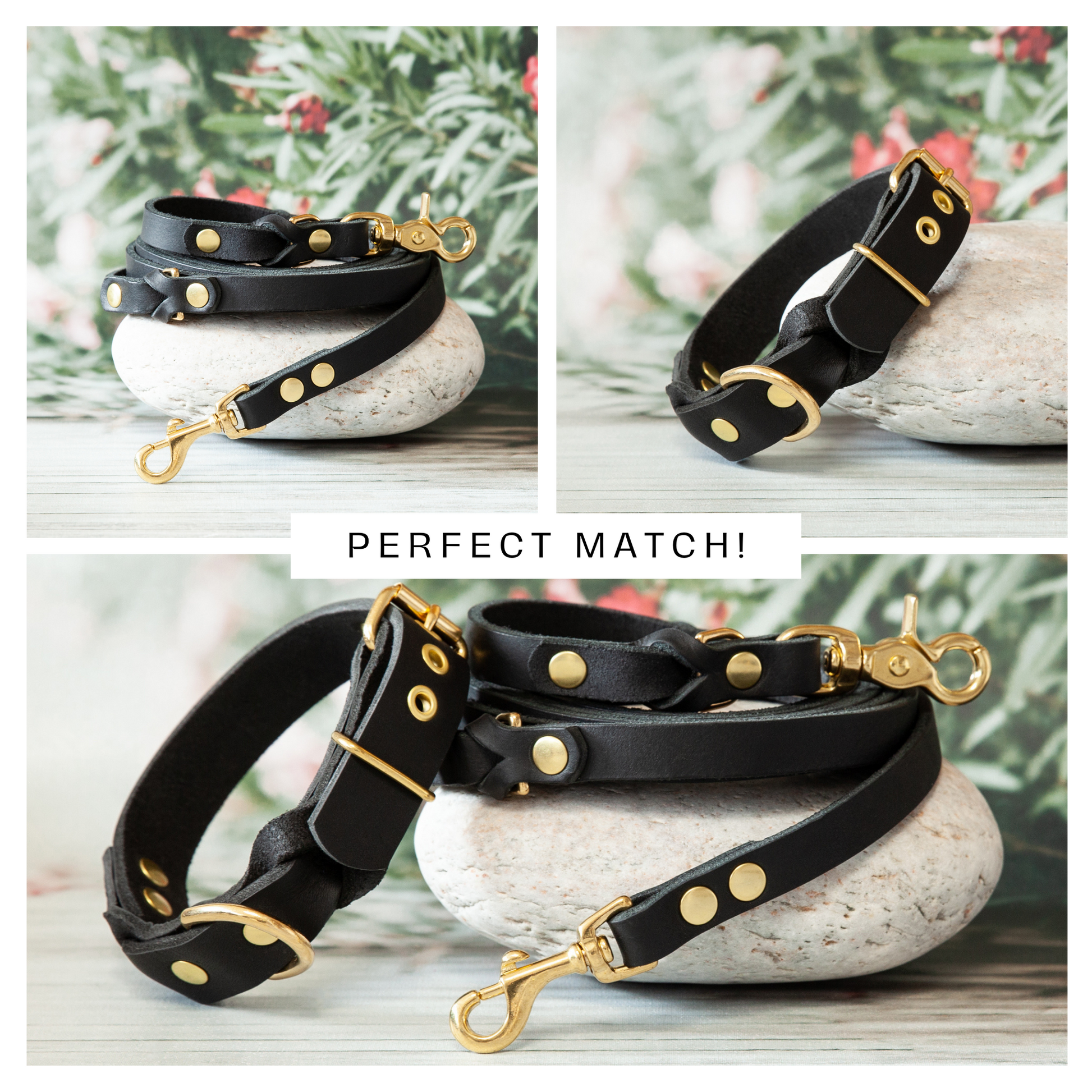 Perfektes Hundeset KIWI Schwarz – Lederhalsband und passende Leine mit goldfarbenem Karabiner auf Naturstein