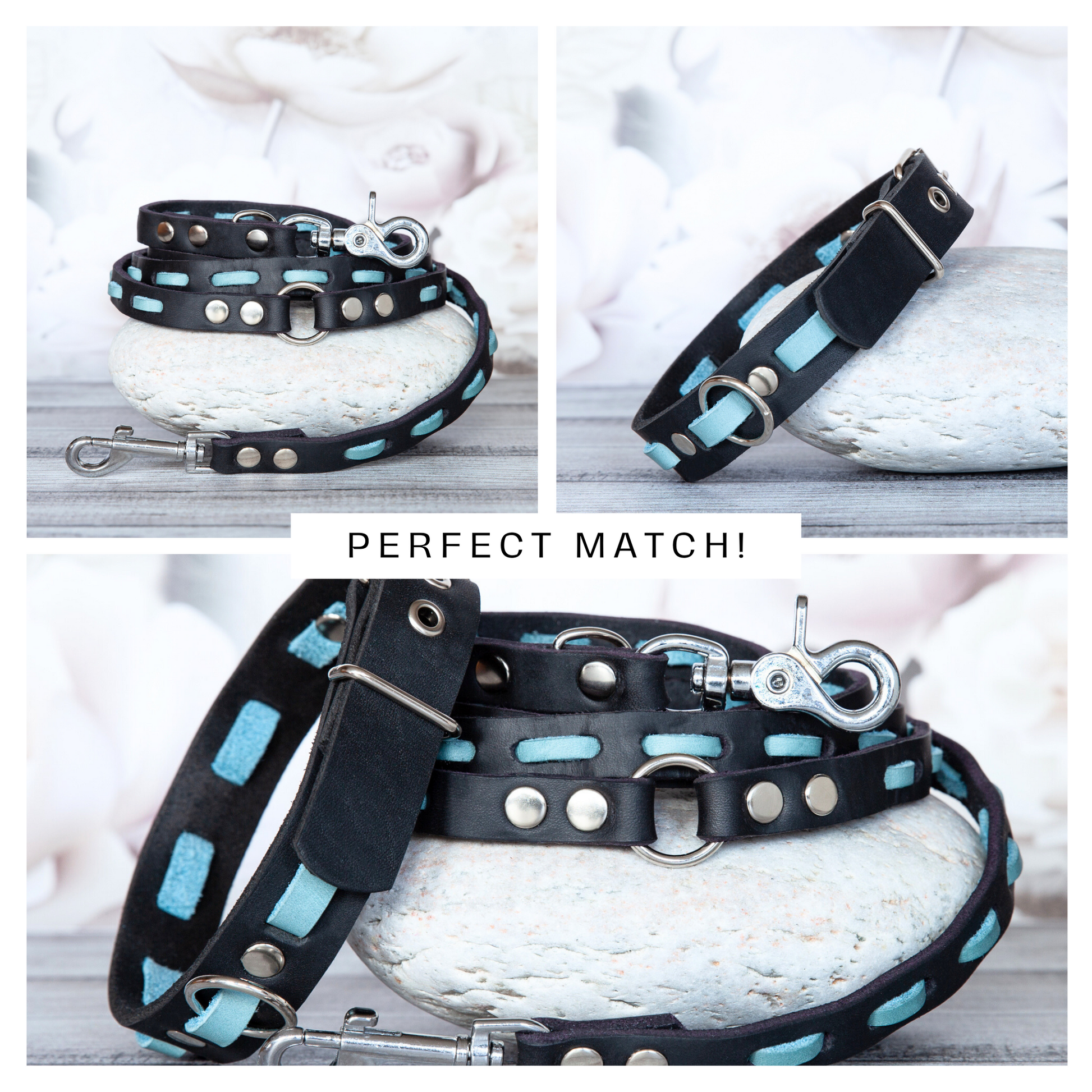 Perfekte Kombination: Hundeleine und Halsband Lily im Farbton Eisblau-Schwarz – handgemacht aus Leder mit edlen Beschlägen.