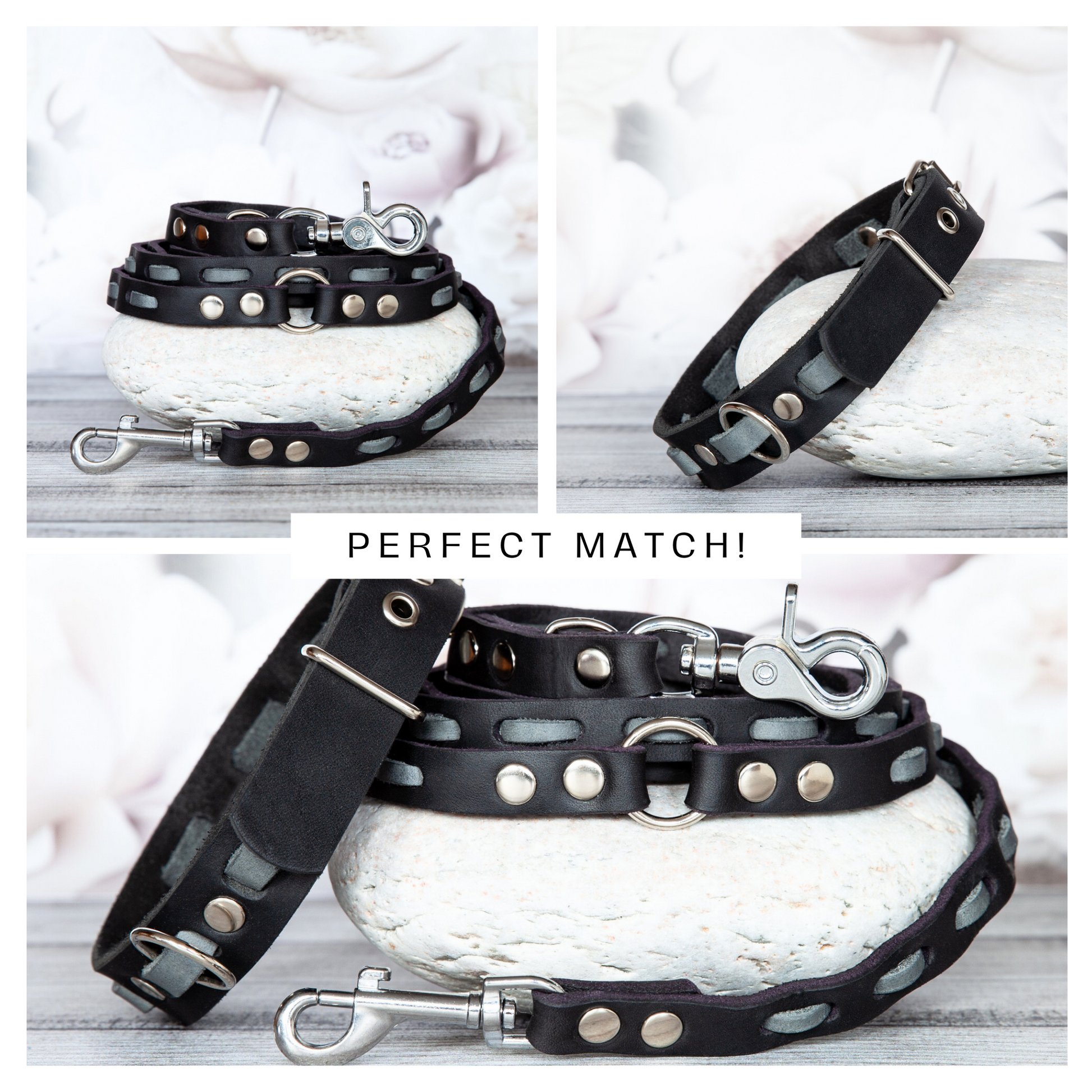 Hundeleine Lily in Grau-Schwarz kombiniert mit passendem Halsband – perfekt abgestimmtes Design für stilbewusste Hundehalter:innen.