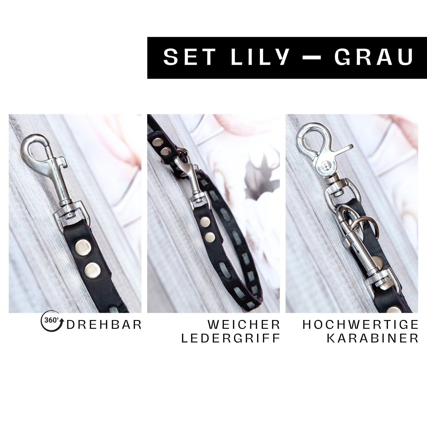 Detailaufnahme des Hundeleinen-Sets LILY in Grau-Schwarz – handgefertigt mit weichem Ledergriff, drehbarem Karabiner und stabiler Verarbeitung