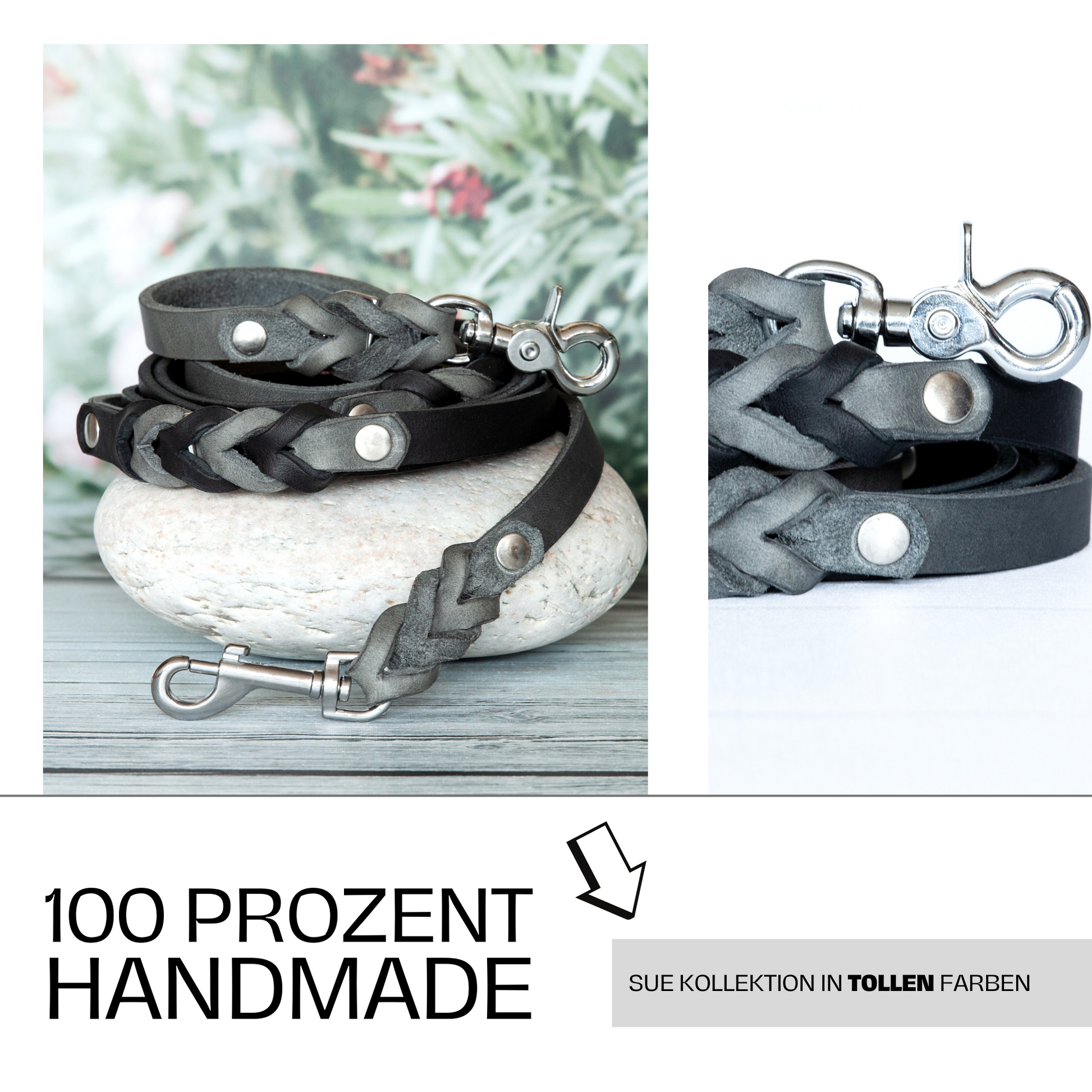 Hundeleine und Halsband der Sue-Kollektion in Grau-Schwarz im Set, handgefertigt aus Premiumleder – 100 % handmade.
