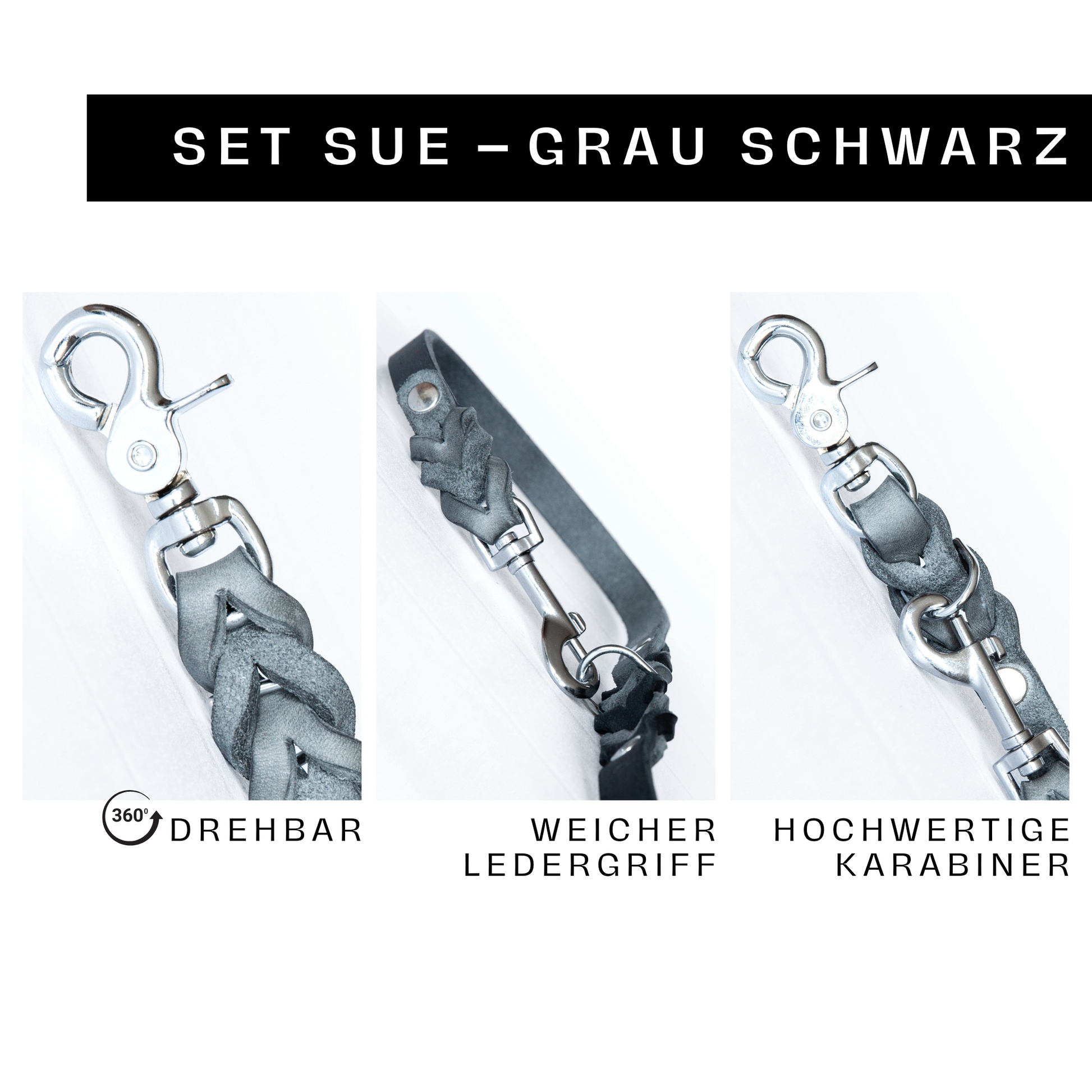 Nahaufnahme der Lederleine Sue in Grau-Schwarz mit drehbarem Karabiner, weichem Ledergriff und hochwertiger Verarbeitung.