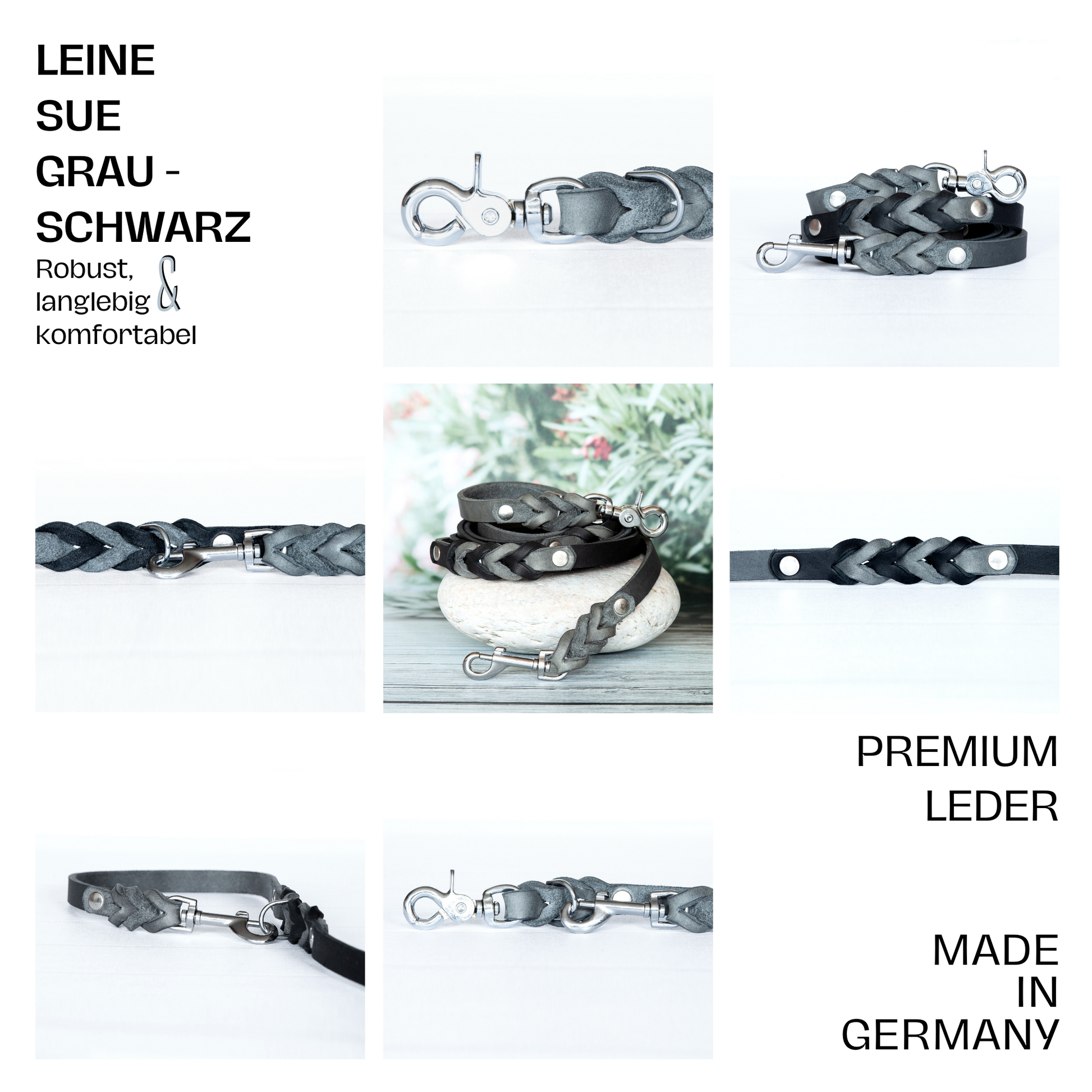 Mehrere Perspektiven der handgefertigten Hundeleine Sue in Grau-Schwarz mit geflochtenem Design und silbernem Karabiner.