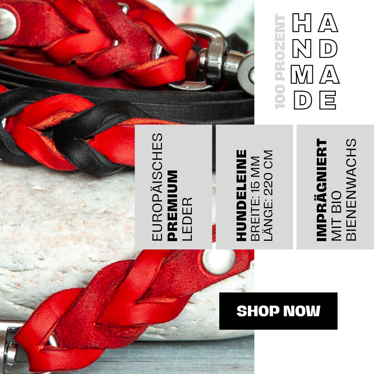 Produktdetails zum Set SUE in Rot-Schwarz: handgefertigte Hundeleine mit 220 cm Länge und 15 mm Breite, Halsband mit 25 mm Lederstärke.