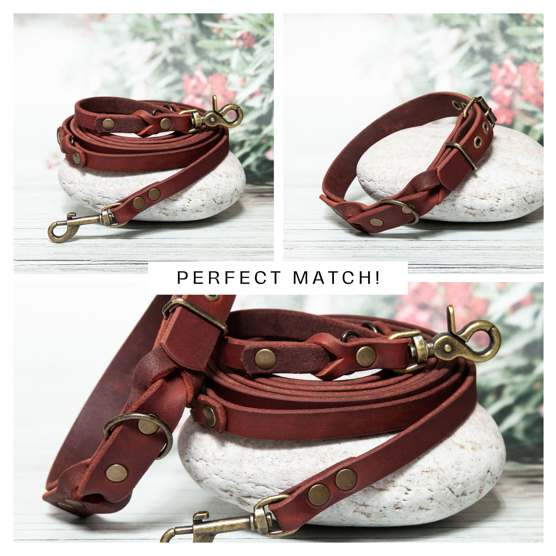 Perfekt abgestimmtes Set Sunny in Rost – handgemachtes Hundehalsband und Hundeleine mit Antikmessing-Karabiner.