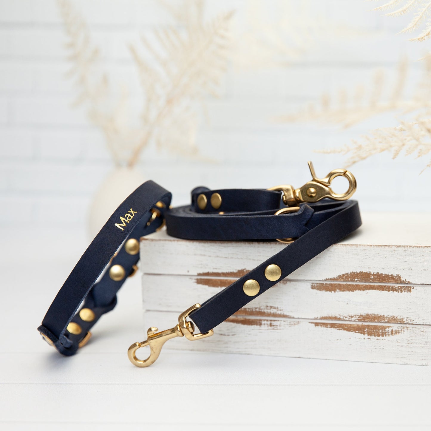 Set JIMINY | Personalisiert | Lederleine und Halsband | Blau