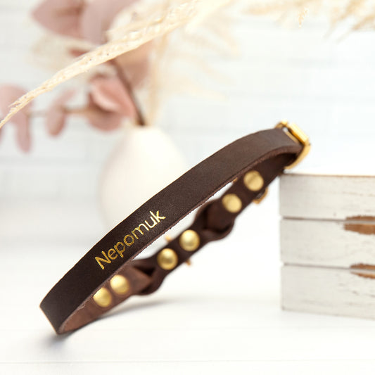 Hundehalsband Wunsch-Name Echtleder Goldprägung | Custom Braun Lederhalsband Hunde Personalisierbares Geschenk Handmade