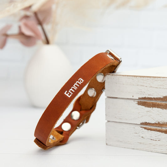 Hundehalsband Wunsch-Name Echtleder Silberprägung | Custom Cognac Lederhalsband Hunde Personalisierbares Geschenk Handmade