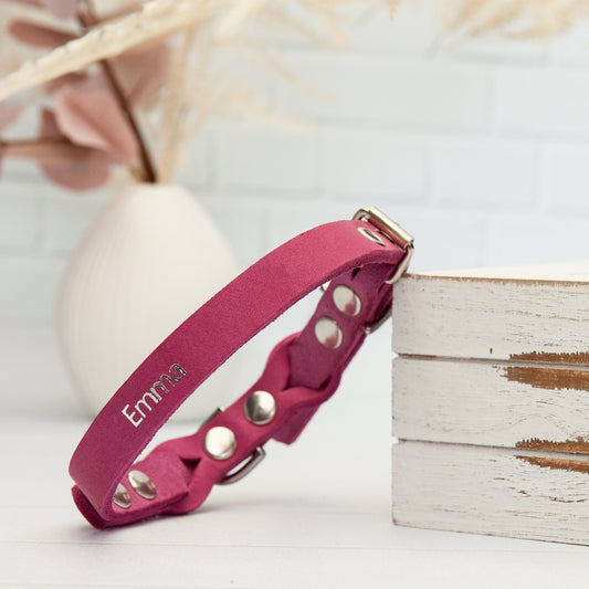 Hundehalsband Wunsch-Name Echtleder Silberprägung | Custom Pink Lederhalsband Hunde Personalisierbares Geschenk Handmade