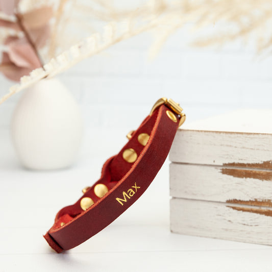 Hundehalsband Wunsch-Name Echtleder Goldprägung | Custom Rot Lederhalsband Hunde Personalisierbares Geschenk Handmade