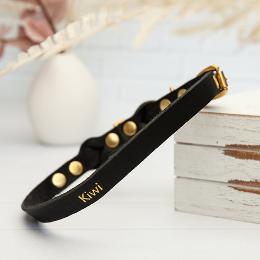 Hundehalsband Wunsch-Name Echtleder Goldprägung | Custom Schwarz Lederhalsband Hunde Personalisierbares Geschenk Handmade