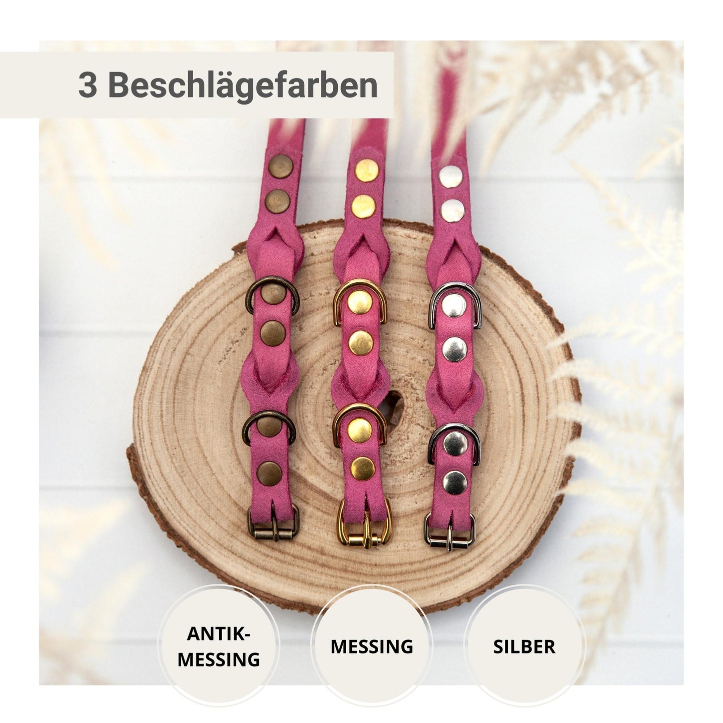 Set JIMINY für kleine Hunde | Lederleine und Halsband | Pink