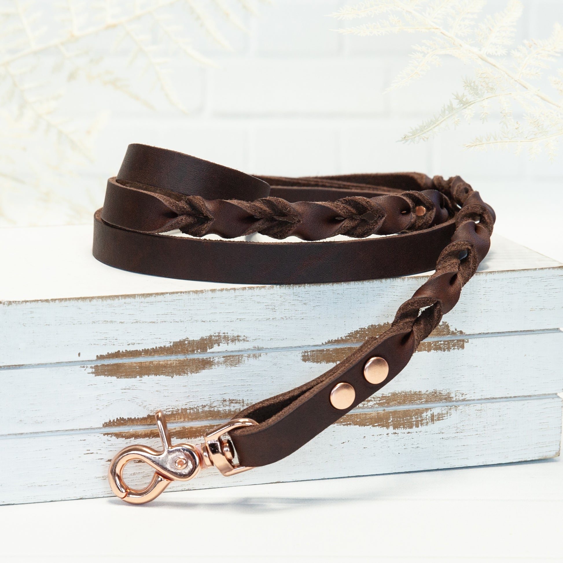 Braune Echtleder Leine "IHSY" Hunde Geflochten | 120 cm | Geschenkidee Hundebesitzer | Roségold