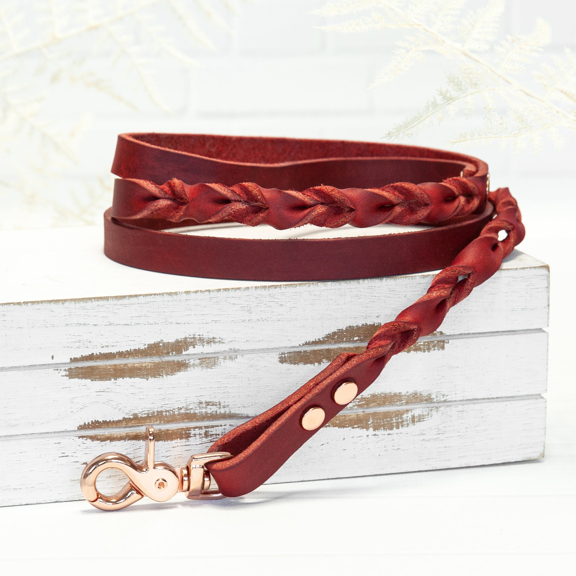 Rote Echtleder Leine "IHSY" Hunde Geflochten | 120 cm | Geschenkidee Hundebesitzer | Roségold