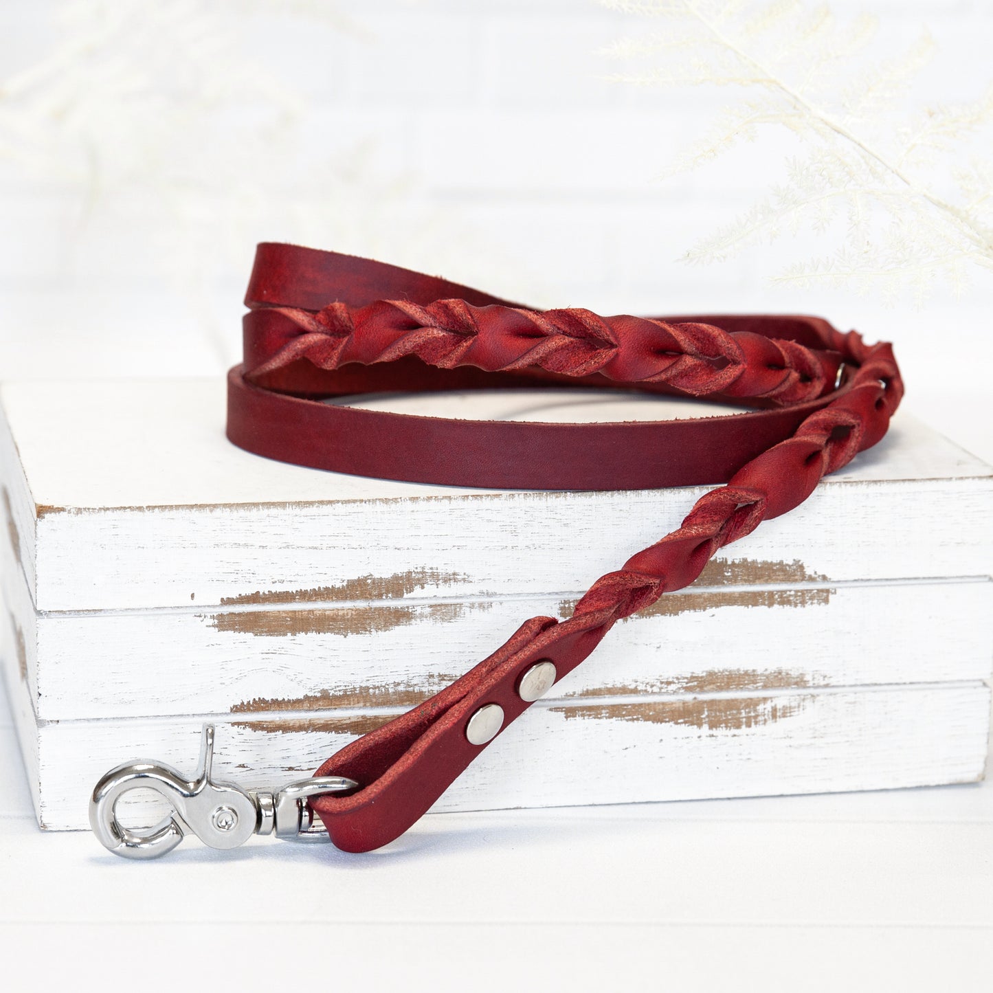 Rote Echtleder Leine "IHSY" Hunde Geflochten | 120 cm | Geschenkidee Hundebesitzer | Silber verchromt