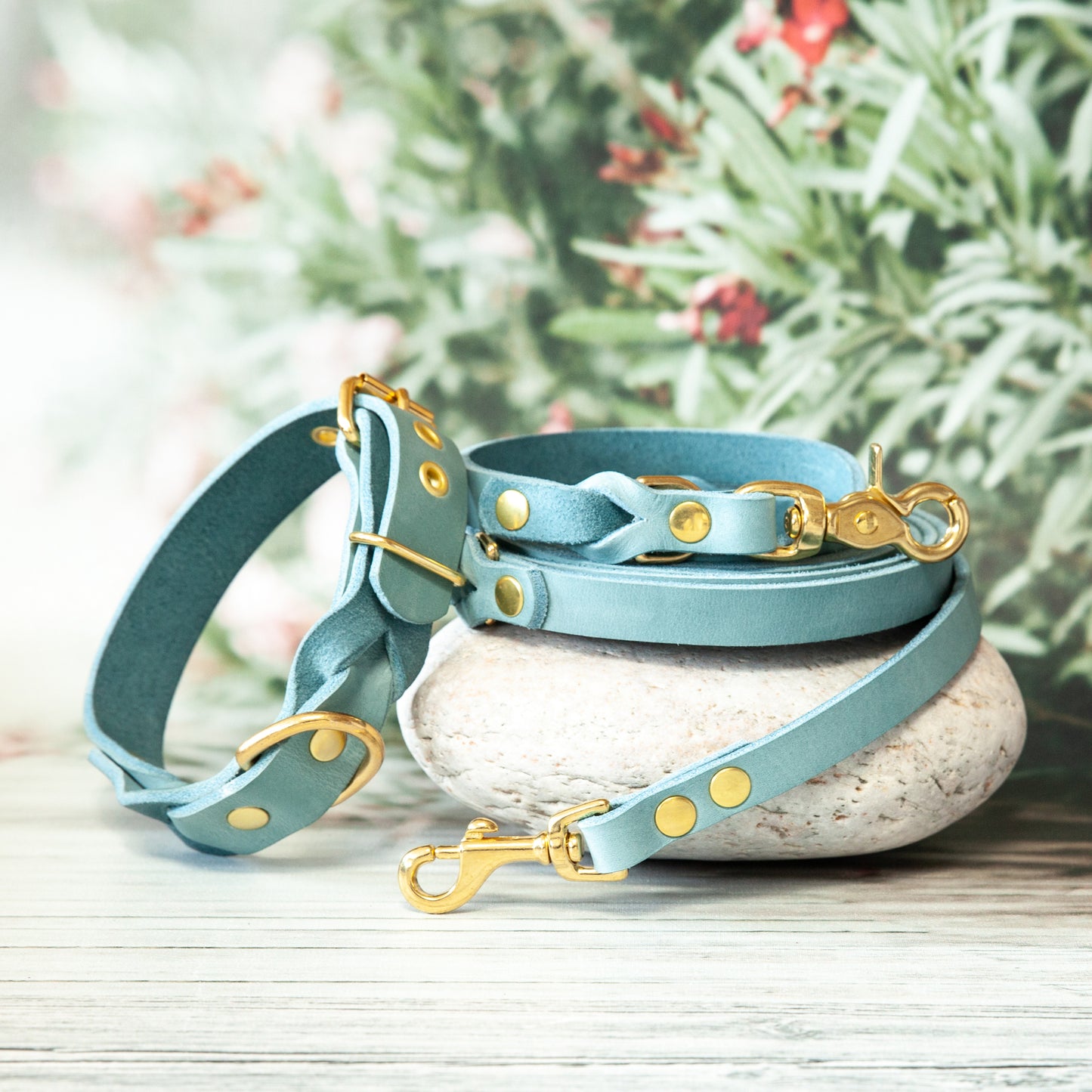 Set KIWI | Lederleine und Halsband | Eisblau