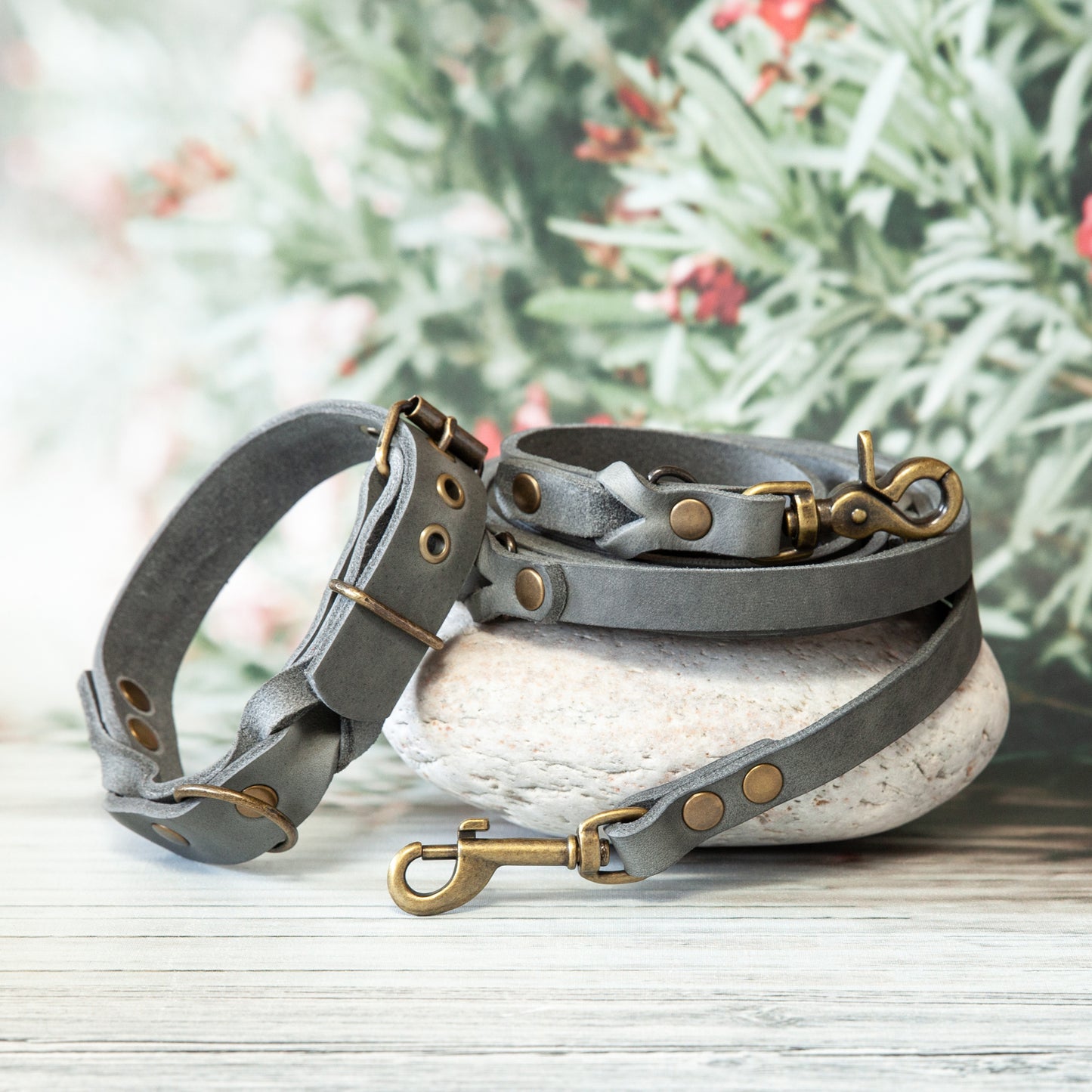 Set KIWI | Lederleine und Halsband | Grau