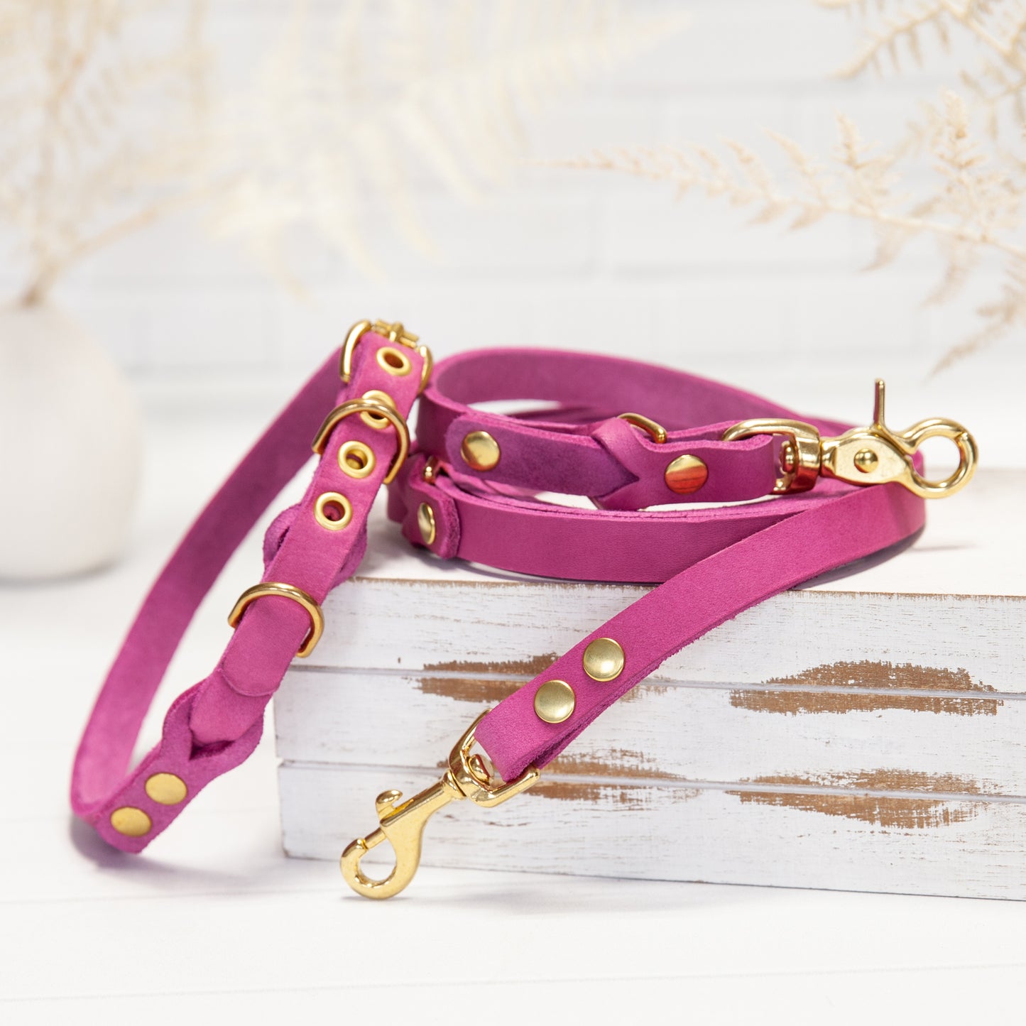 Set JIMINY für kleine Hunde | Lederleine und Halsband | Pink