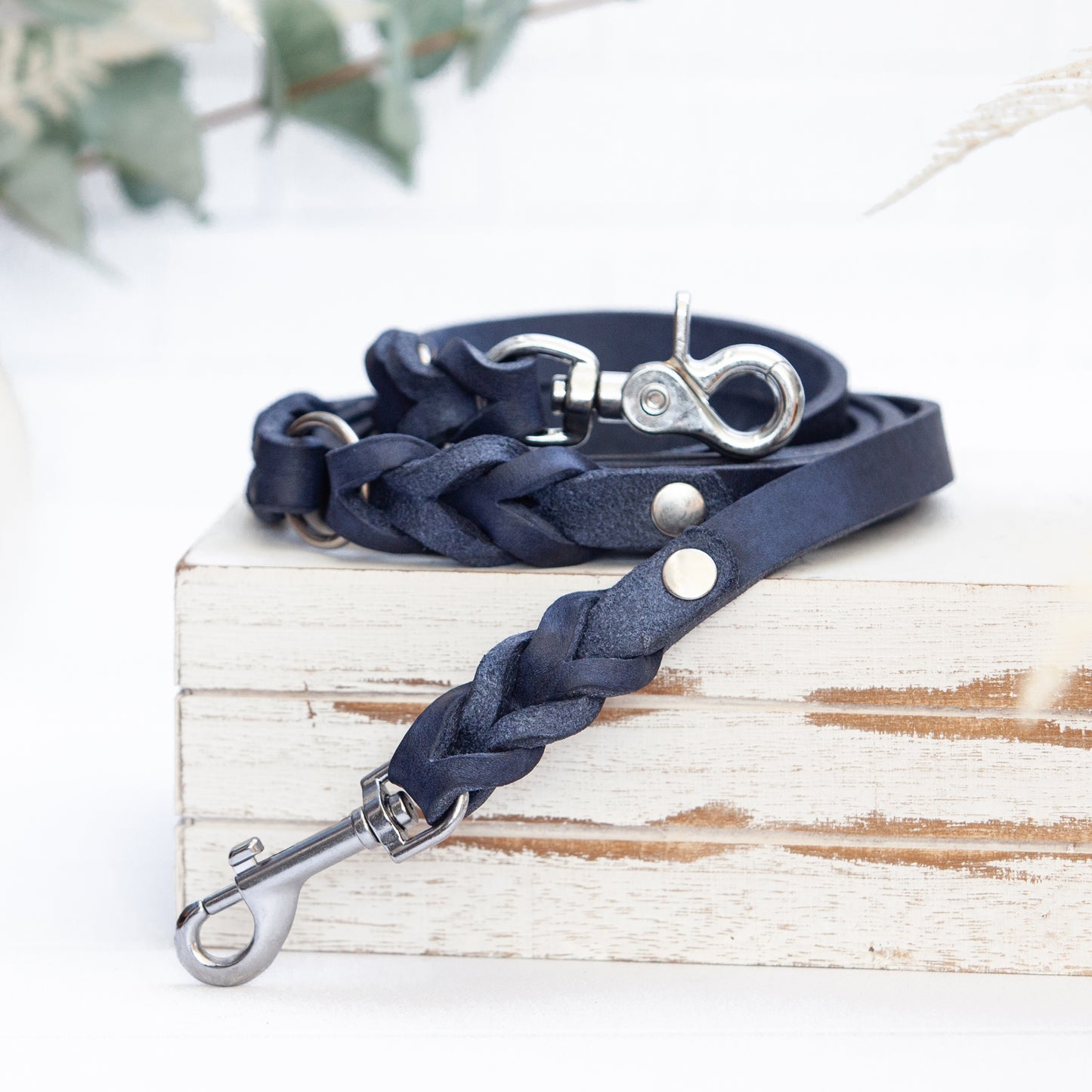 Set ELLA | Halsband und Hundeleine | geflochtenes Leder | Blau