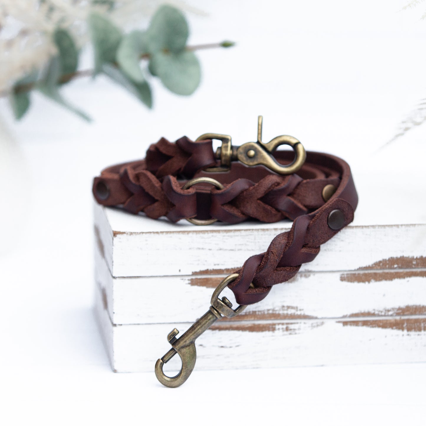 Set ELLA | Halsband und Hundeleine | geflochtenes Leder | Braun
