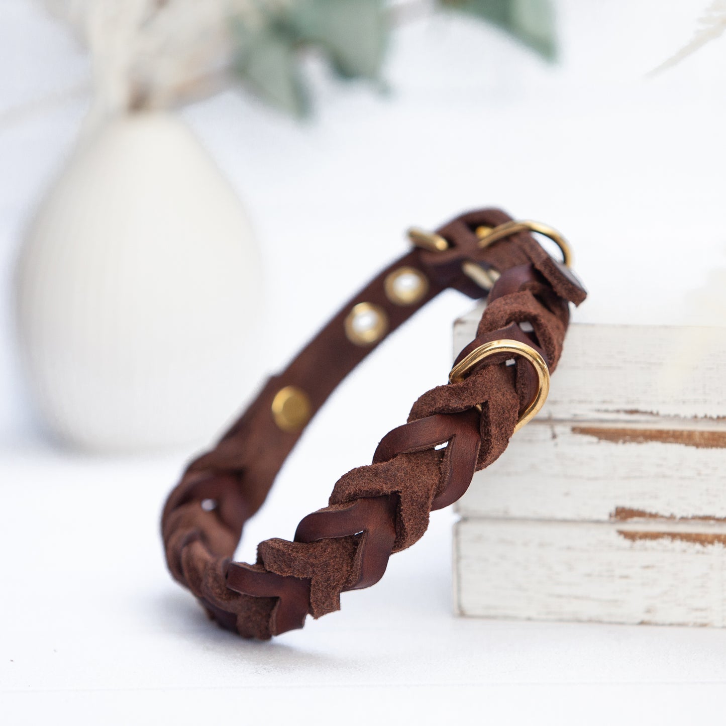 Set ELLA | Halsband und Hundeleine | geflochtenes Leder | Braun