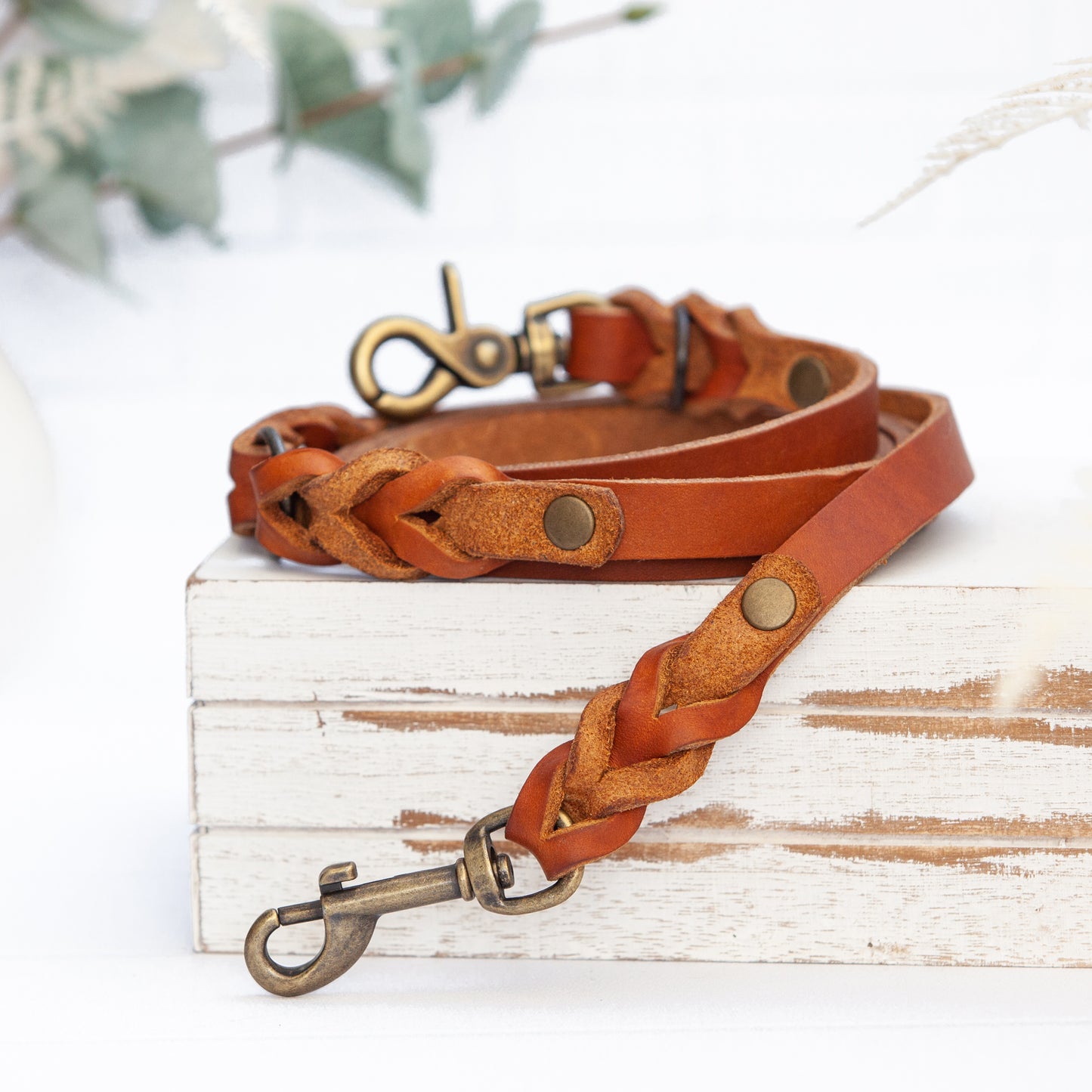 Set ELLA | Halsband und Hundeleine | geflochtenes Leder | Cognac