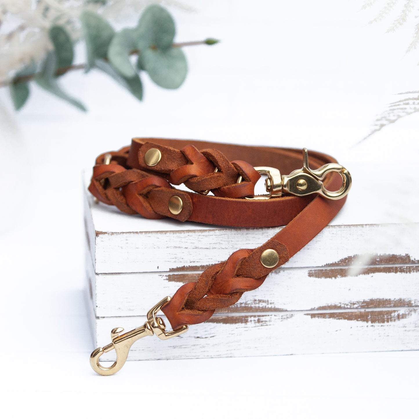 Set ELLA | Halsband und Hundeleine | geflochtenes Leder | Cognac
