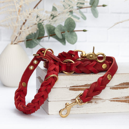 Handgefertigtes ELLA Set in Rot – edle Kombination aus geflochtener Leine und passendem Halsband für stilvolle Spaziergänge