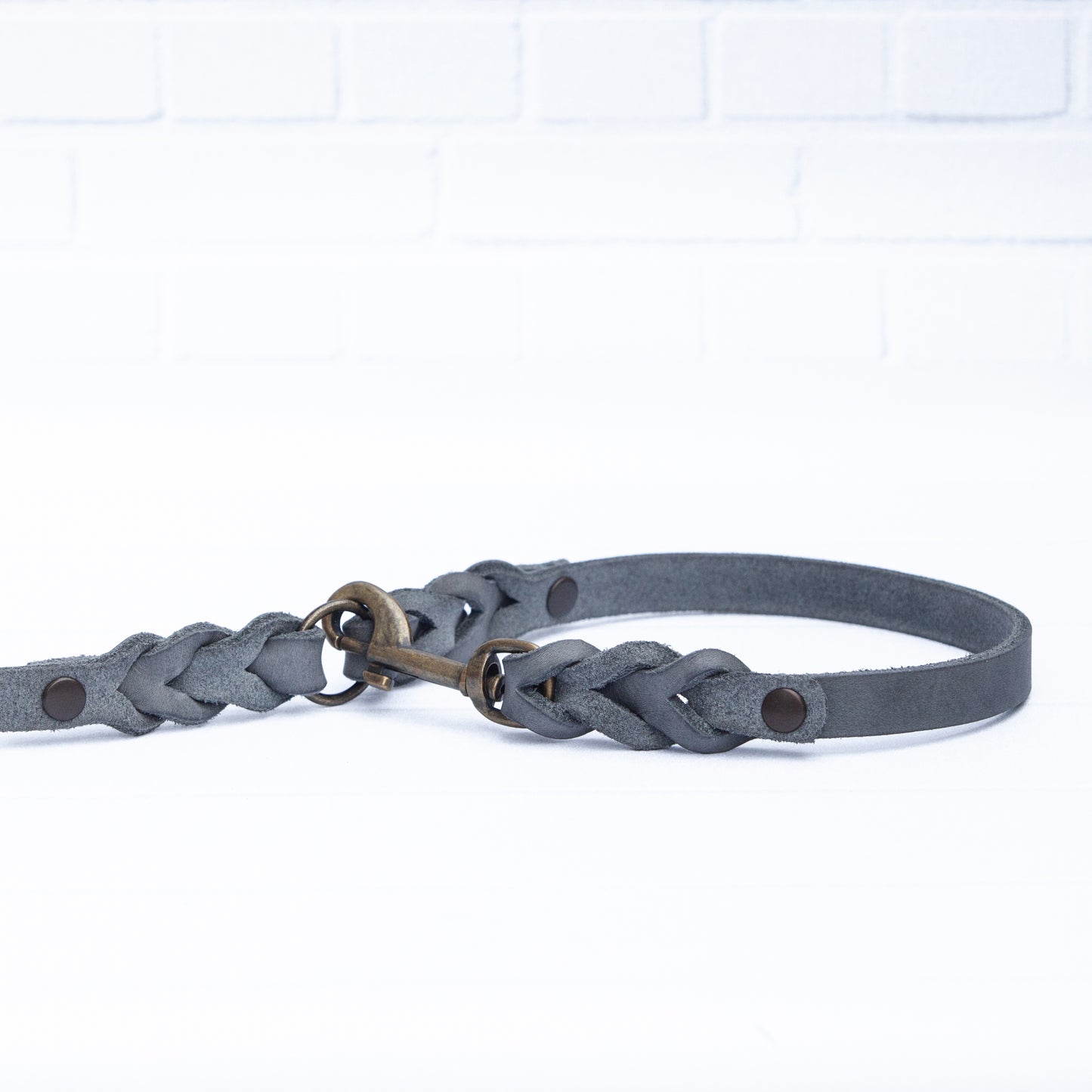 Set ELLA | Halsband und Hundeleine | geflochtenes Leder | Grau