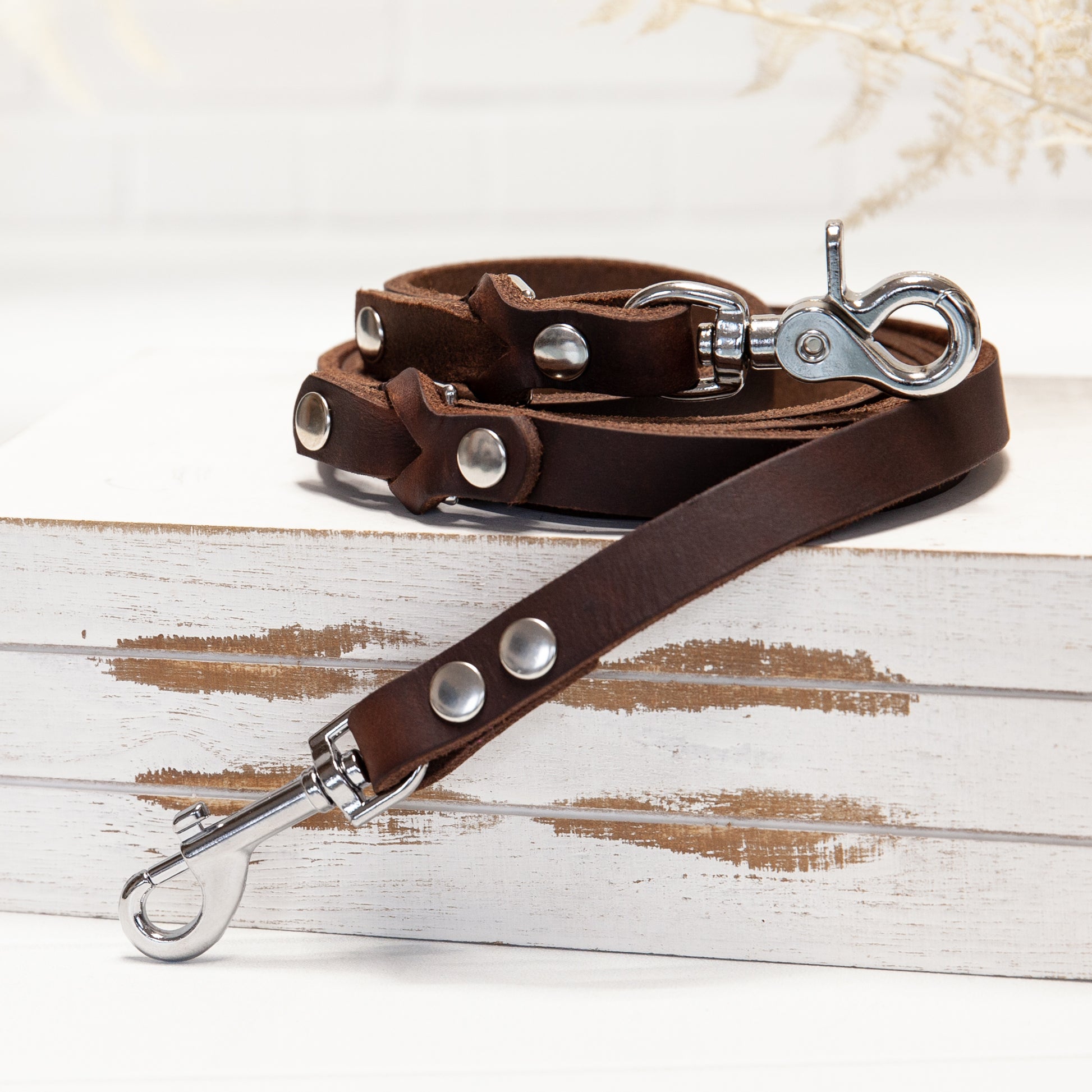Diese braune Hundeleine mit silberfarbenem Karabiner verbindet zeitlose Eleganz mit modernem Design – ein treuer Begleiter für gemeinsame Abenteuer mit Stil.