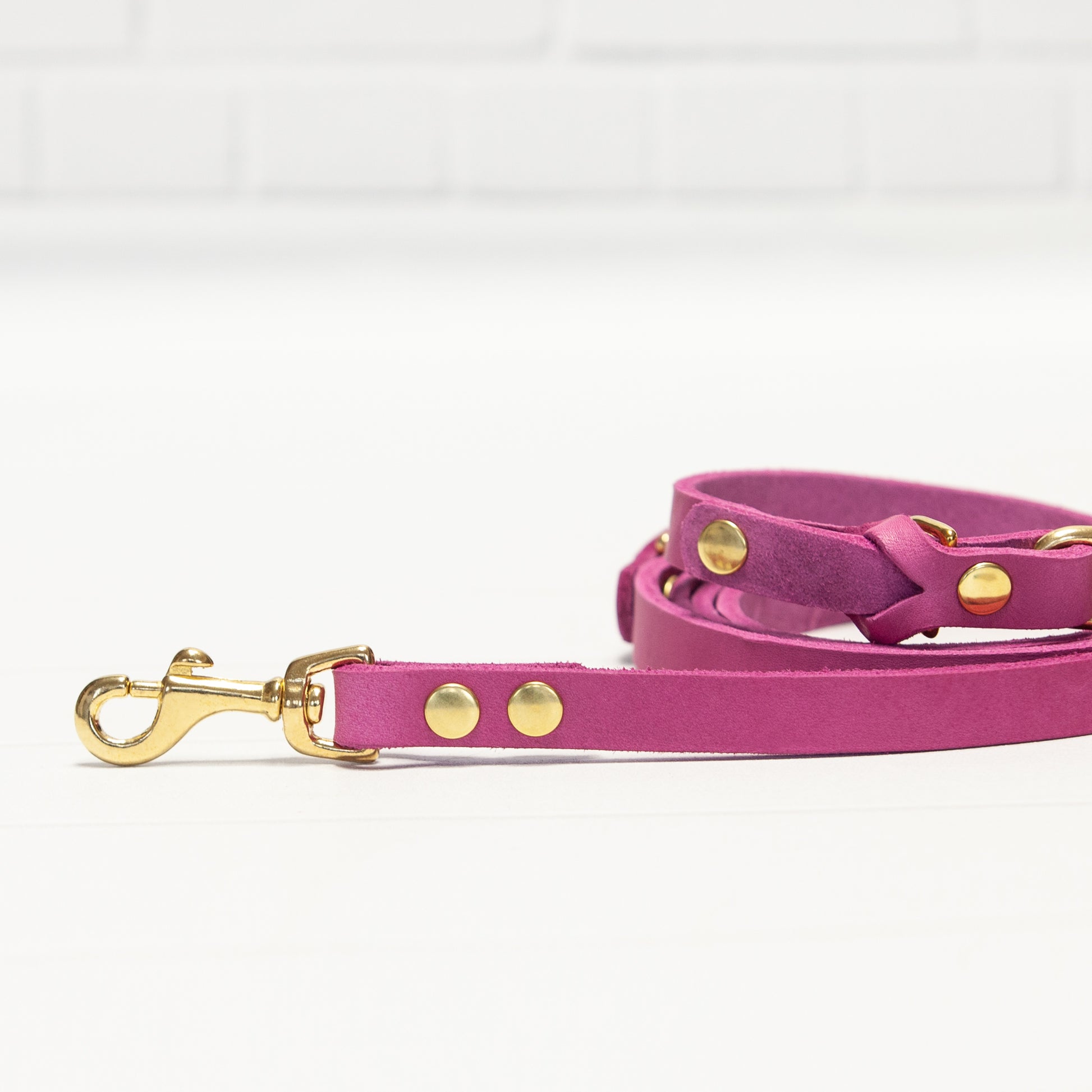 Die Hundeleine JIMINY in frischem Pink mit Messing Bolzenkarabiner ist ein liebevoll handgefertigter Blickfang für modebewusste Hundehalter:innen.