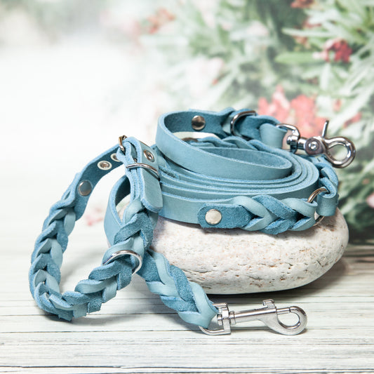 Perfekt aufeinander abgestimmt: Das Set aus Leine und Halsband der MILA-Kollektion in Eisblau – eine harmonische Kombination aus Stil und Funktion.